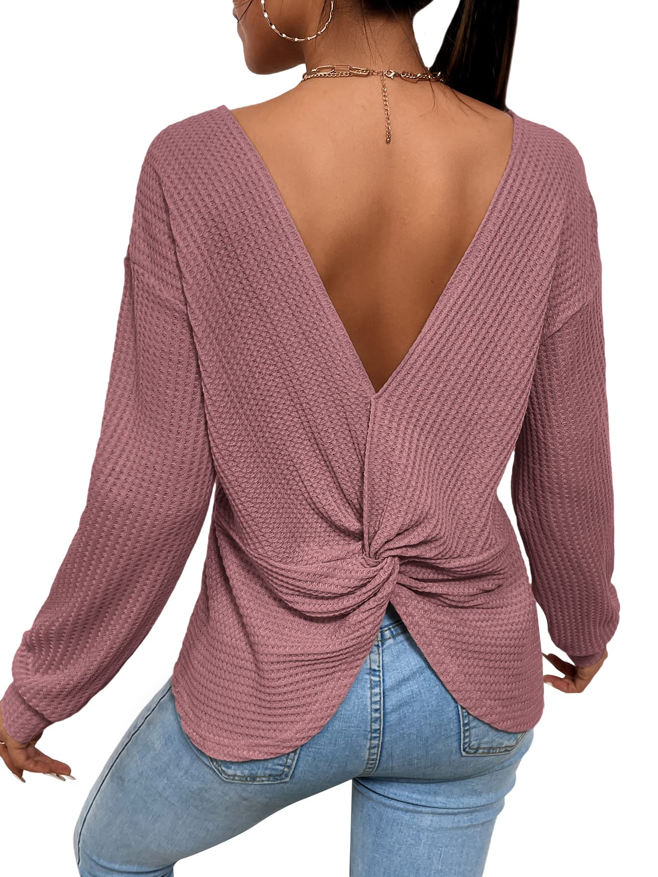 Floerns Women's Twist Backless Drop Shoulder Waffle Knit Shirt - Casual Loose Fit Tee Top for Summer, Beach, and Date Night Outfits