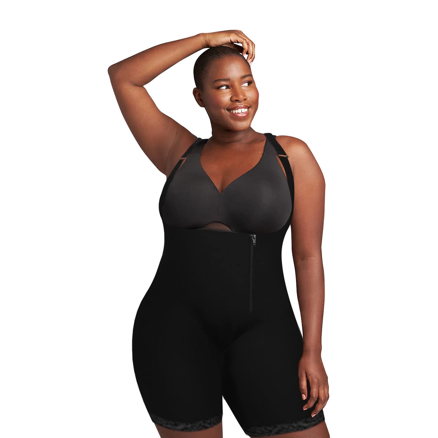 Women's Seamless Shapewear Bodysuit - Black Thigh Slimming Body Shaper with Zipper Closure (Sizes S-10XL) for Tummy Control & Hourglass Figure - Perfect for Dresses, Workout & Special Occasions
