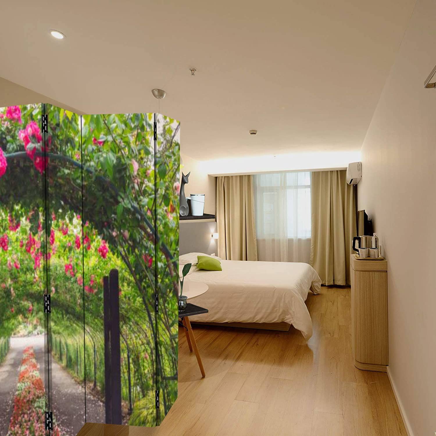 4 Panel Canvas Room Divider Screen with Pink Rose Arbor Design - Folding Privacy Partition for Bedroom, Office & Living Space | Temporary Wall Divider for Home Decor & Space Separation