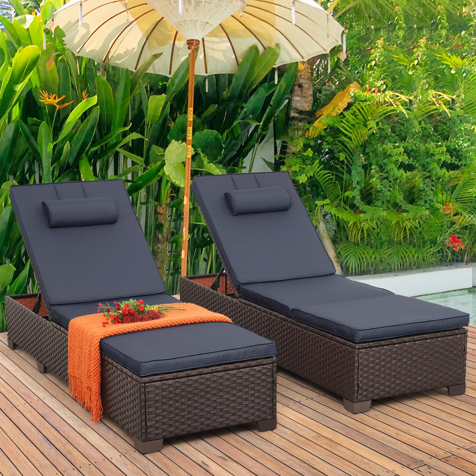 2-Piece Brown Wicker Outdoor Chaise Lounge Set - Adjustable Backrest with Blue Cushions & Headrest - Perfect for Poolside, Patio, Garden Relaxation