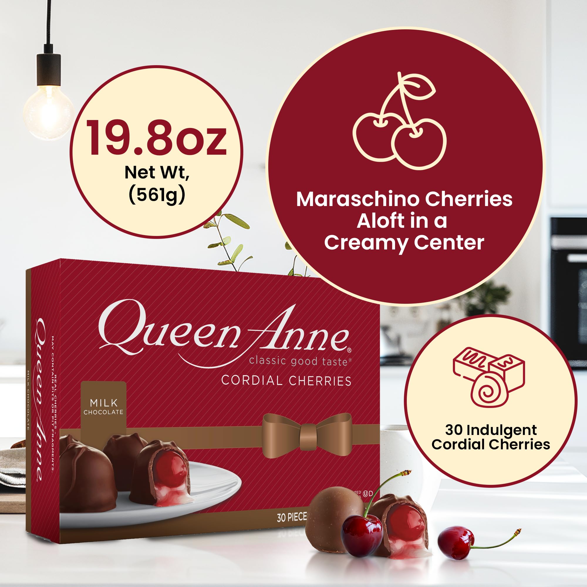 Queen Anne Milk Chocolate Covered Cordial Cherries - 19.8 oz Gift Box (30 Pieces) | Whole Cherry in Sweet Creamy Fruity Flavor | Perfect for Holiday Gifts, Valentine's Day & Birthday Treats
