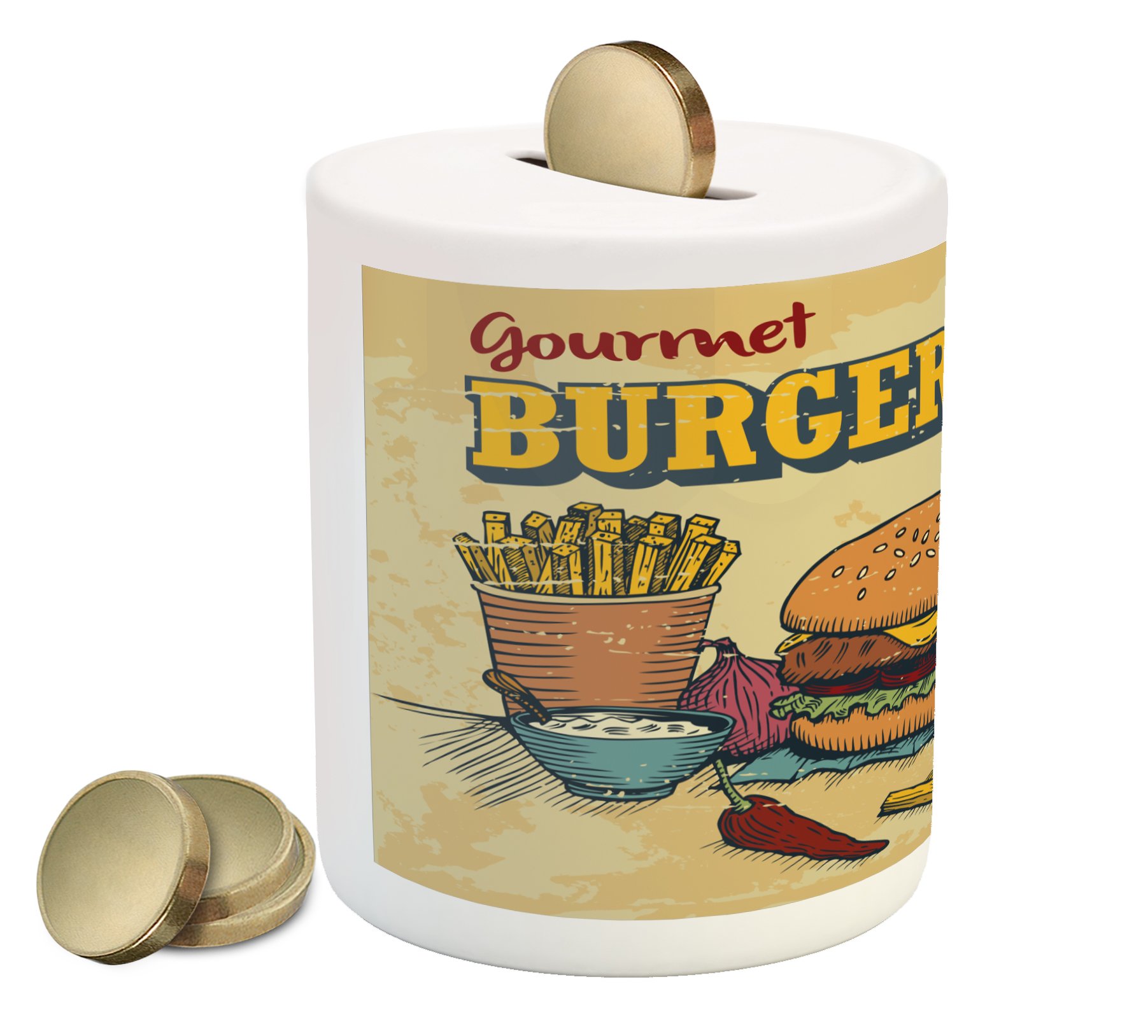 Ambesonne Ceramic Piggy Bank - Retro Hand Drawn Hamburger Design Money Box for Cash Savings | Cute Fast Food Themed Coin Bank | Perfect Gift for Burger Lovers & Kids Room Decor