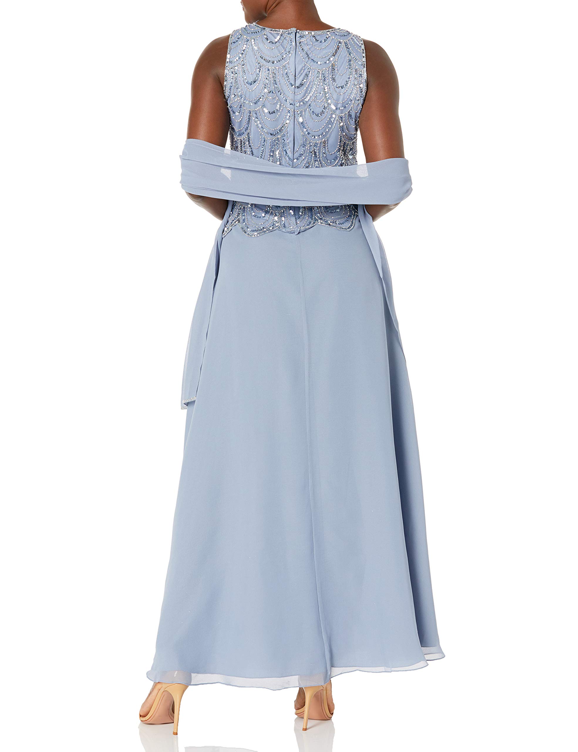 J Kara Women's Plus Size Sleeveless Beaded Long Dress with Scarf - Elegant Casual & Evening Wear for Parties, Weddings & Special Occasions