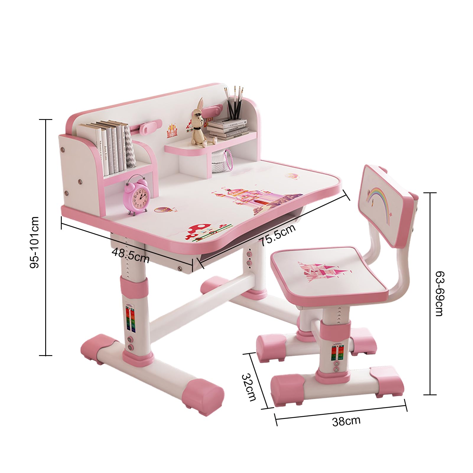 Adjustable Kids Desk and Chair Set - Ergonomic Study Table for Children with Book Stand & Sitting Corrector, Partition Design - Perfect for Homework, Reading & Online Learning (Pink)