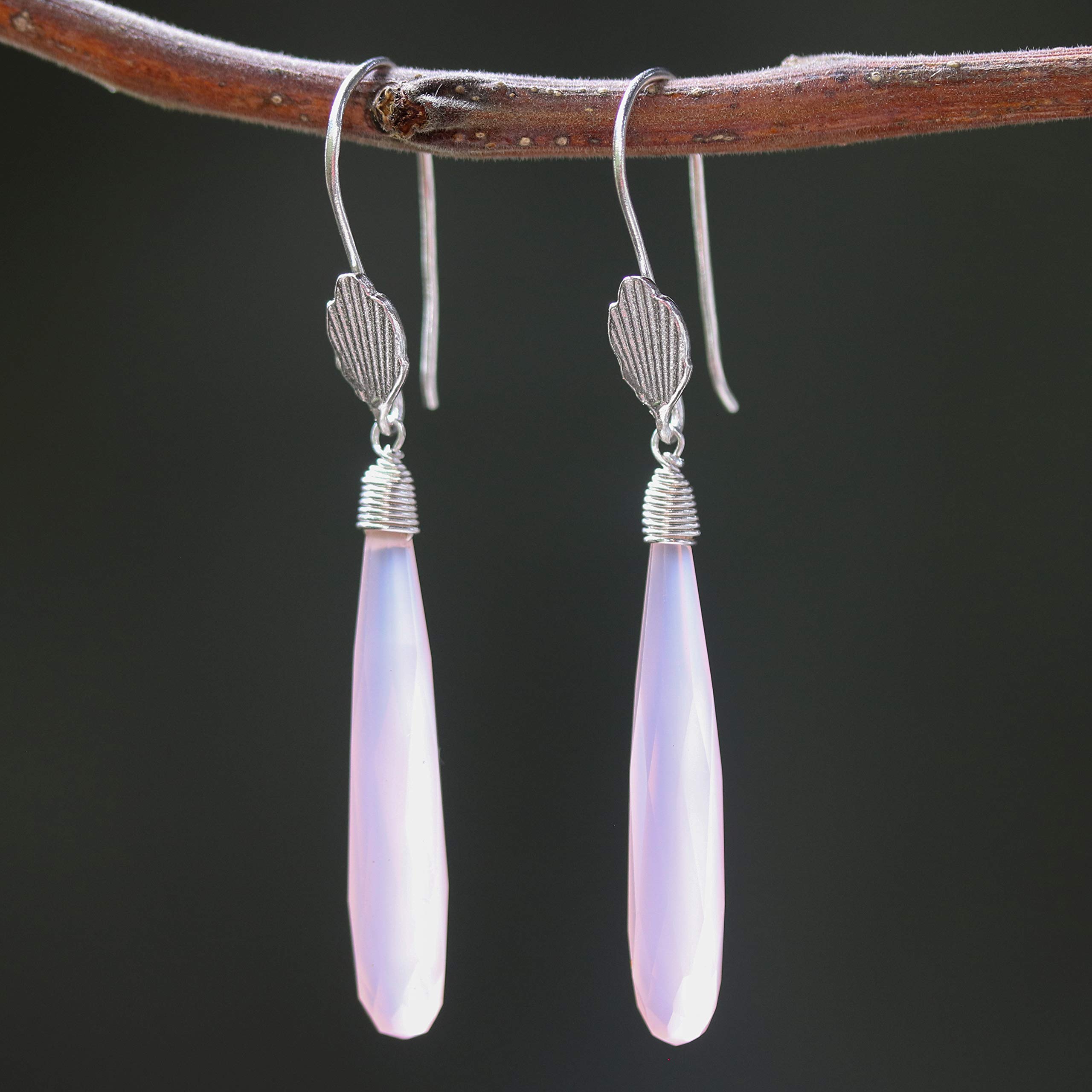 Pink Chalcedony Earrings with Sterling Silver Wire Wrap & Leaf Design - Elegant Dangle Earrings for Women, Perfect for Parties, Weddings & Everyday Wear