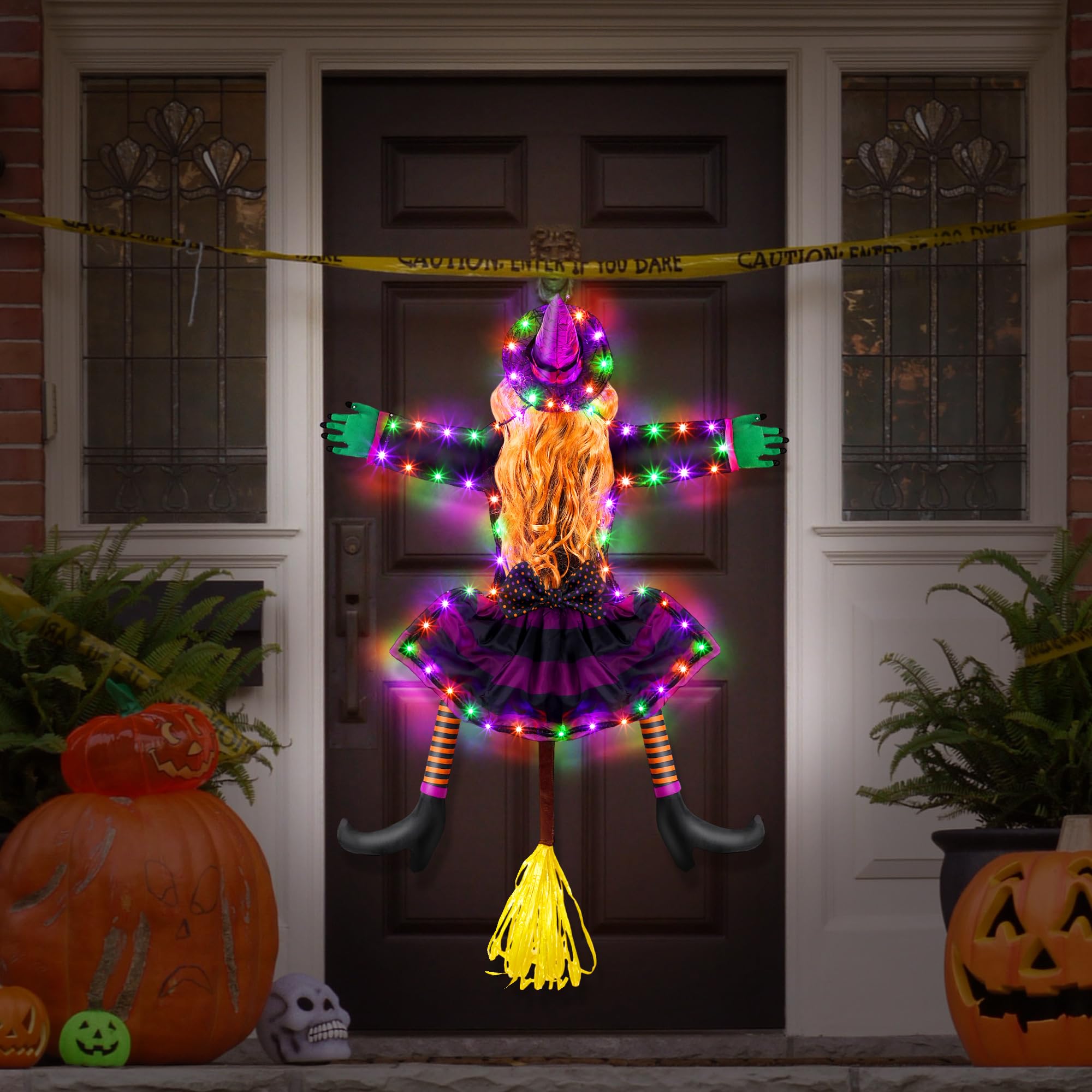 43 Inch Large Solar-Powered Crashed Witch Halloween Decoration with String Lights - Outdoor Porch, Garden, Patio, Pathway Party Decor (Purple, Orange, Green) - Perfect for Spooky Halloween Yard Displays and Themed Parties