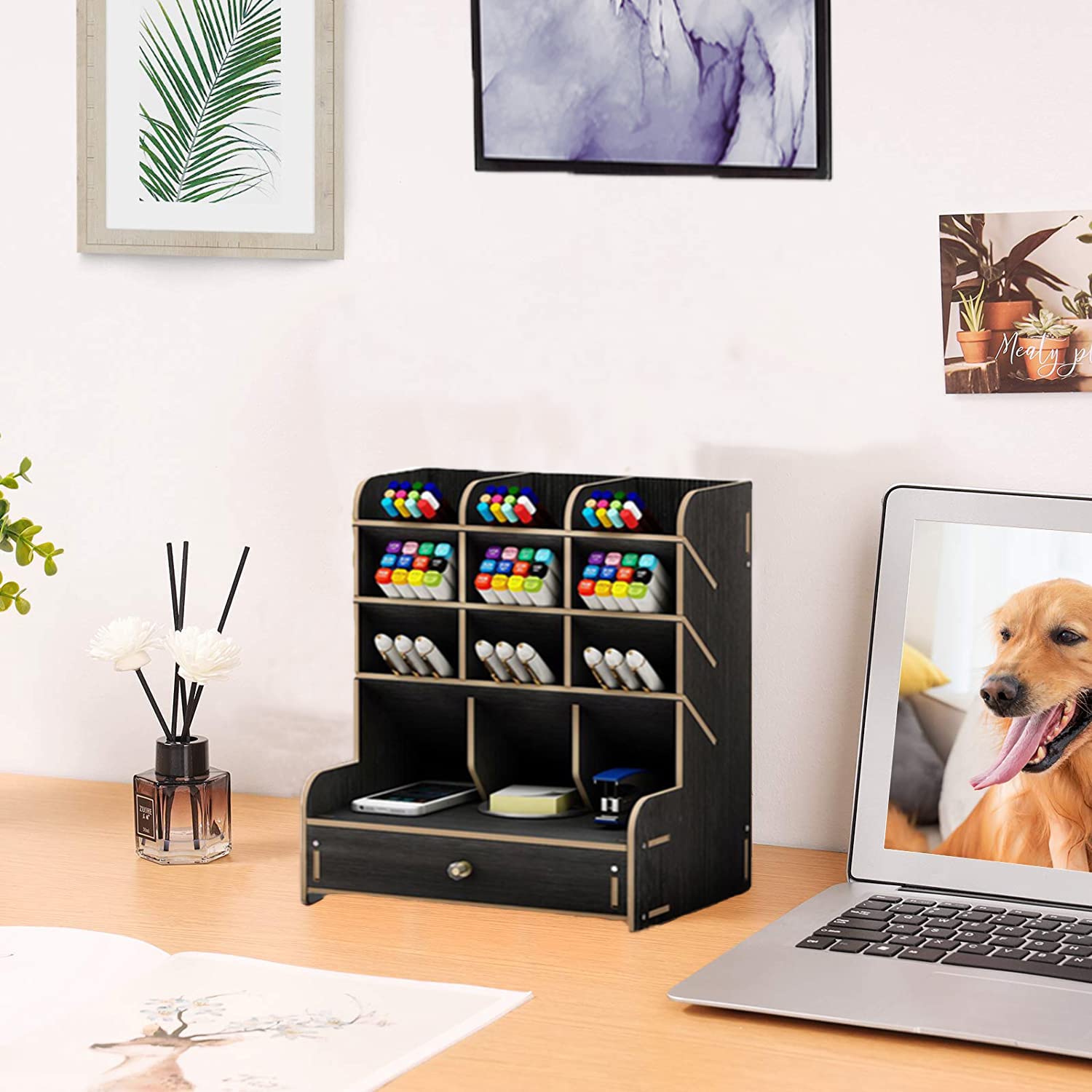 Marbrasse Wooden Desk Organizer - Multi-Functional DIY Pen Holder & Office Supplies Storage with Drawer | Easy Assembly for Home Office, School & Workspace (B11-Black)