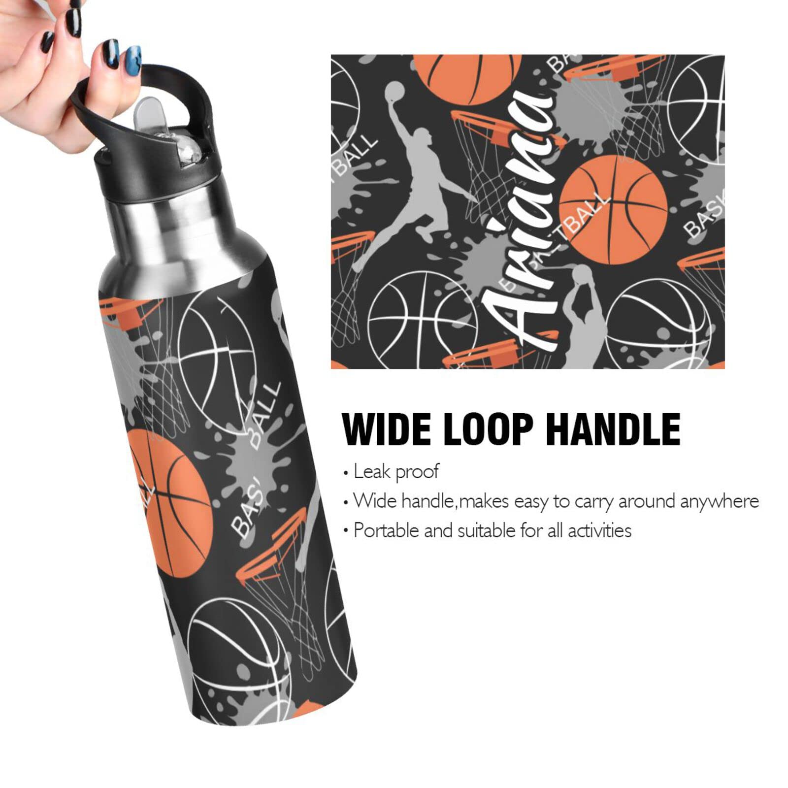 Custom Personalized 20oz Stainless Steel Insulated Water Bottle with Straw Lid - Double Wall Vacuum Basketball Sports Bottle for Travel, Gym & Outdoor Activities | Leakproof & Durable