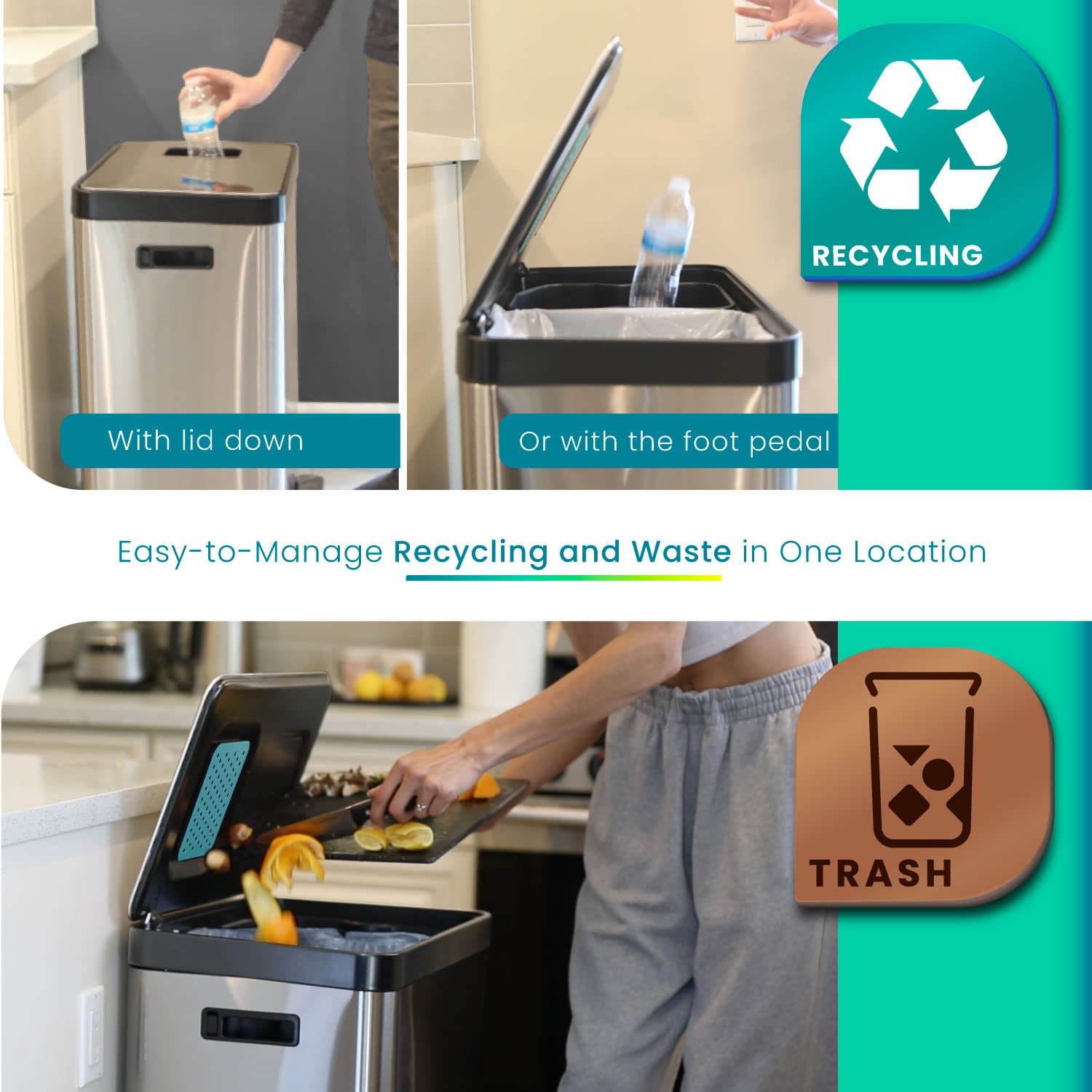 Stainless Steel 18.5 Gallon Dual Compartment Kitchen Trash Can with Odor Control - Silver | Home Zone Living | Removable Liners for Recycling & Waste | Perfect for Modern Kitchens & Eco-Friendly Homes