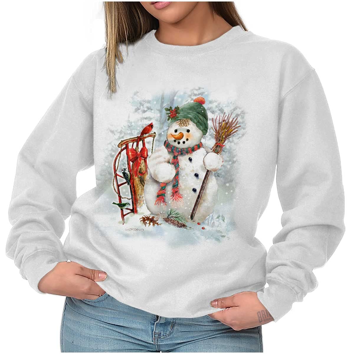 Snowman Sledding Winter Wonderland Women's Crewneck Sweatshirt | Cozy Christmas Pullover for Holiday Outfits & Winter Activities