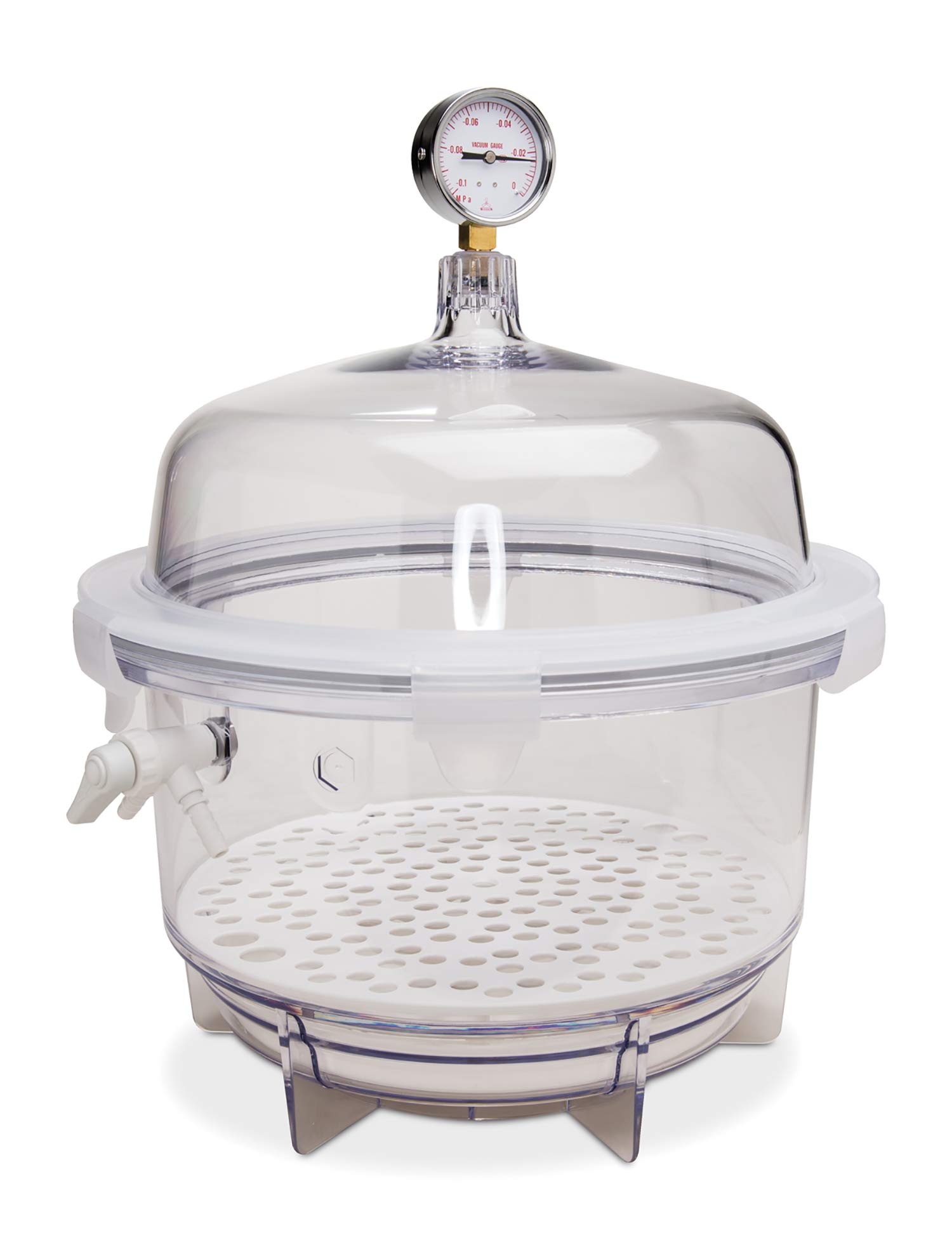 SP Bel-Art 20L Clear Polycarbonate Desiccator Vacuum Chamber with Built-in Gauge | Round Lab Desiccator with Silicone O-Ring & 3-Way Valve | Chemical-Resistant Design (F42400-2221) | Ideal for Laboratory Moisture Control, Chemical Storage & Vacuum Drying Applications