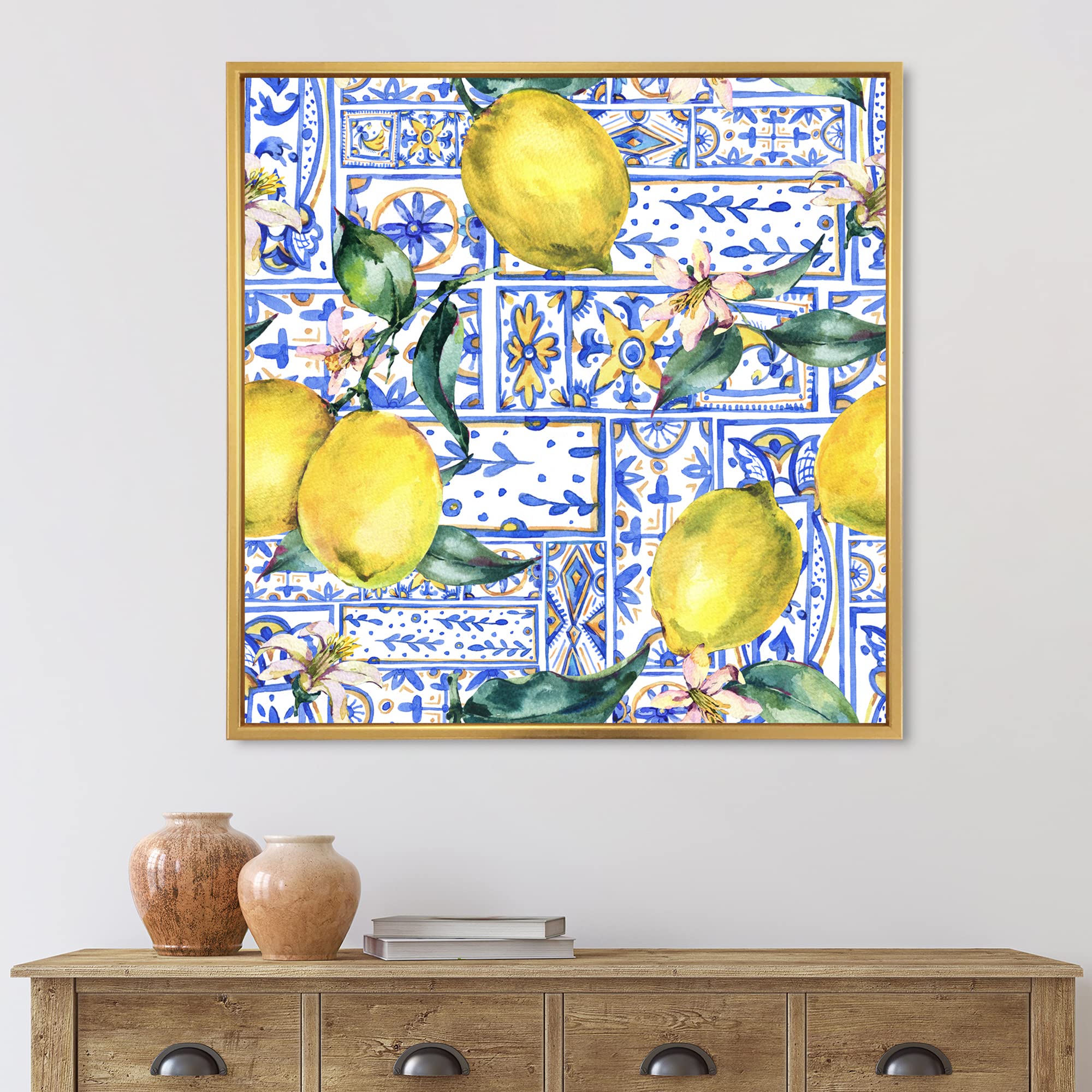 DesignQ Lemon Ornament on Blue Geometric Pattern I - Tropical Framed Canvas Wall Art Print for Home & Office Decor | Modern Kitchen & Living Room Wall Decor