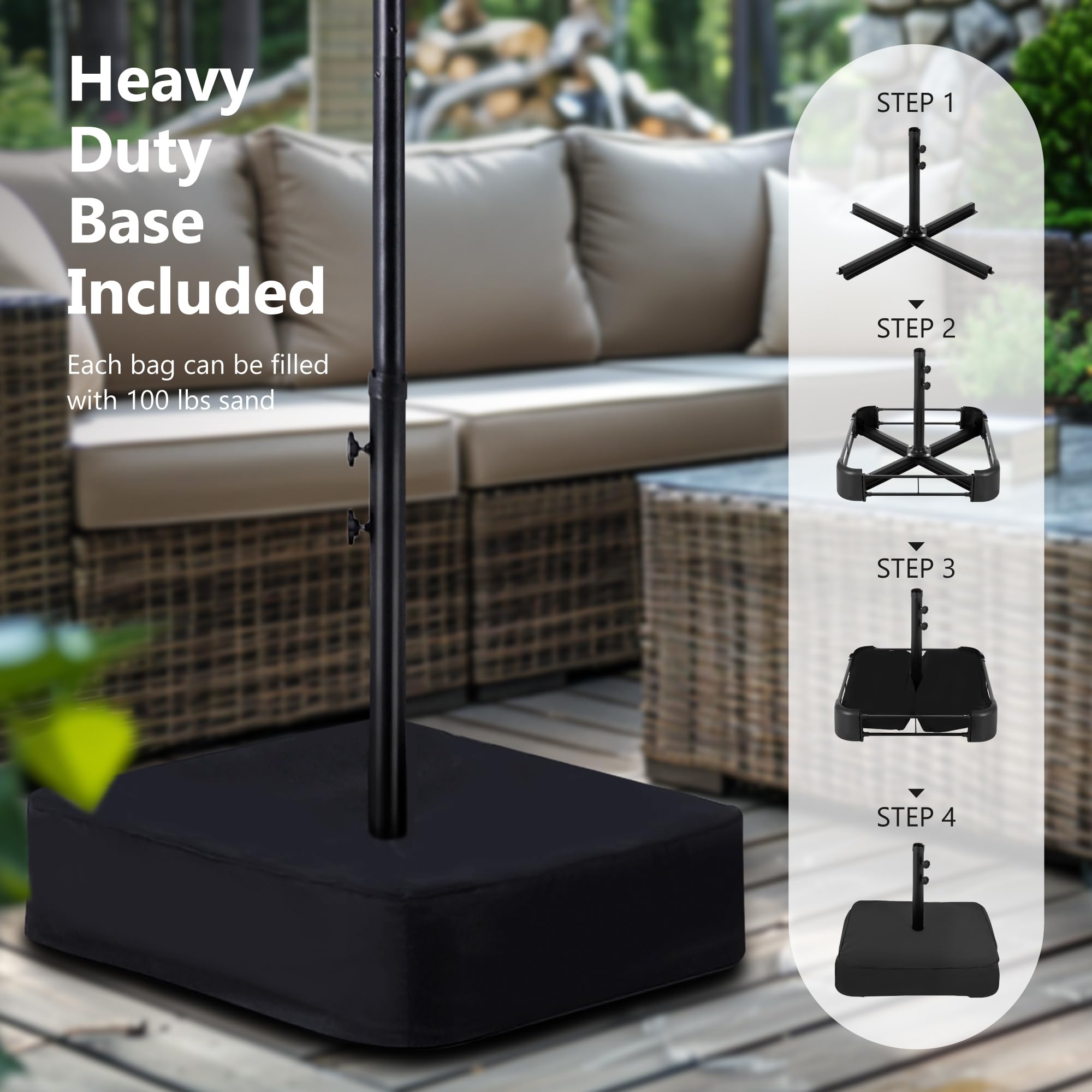 MFSTUDIO 15ft Double Sided Outdoor Patio Umbrella with Heavy Duty Base - Large Rectangular Market Umbrella with Easy Crank Handle - Perfect for Deck, Poolside, Garden, and Backyard Shade