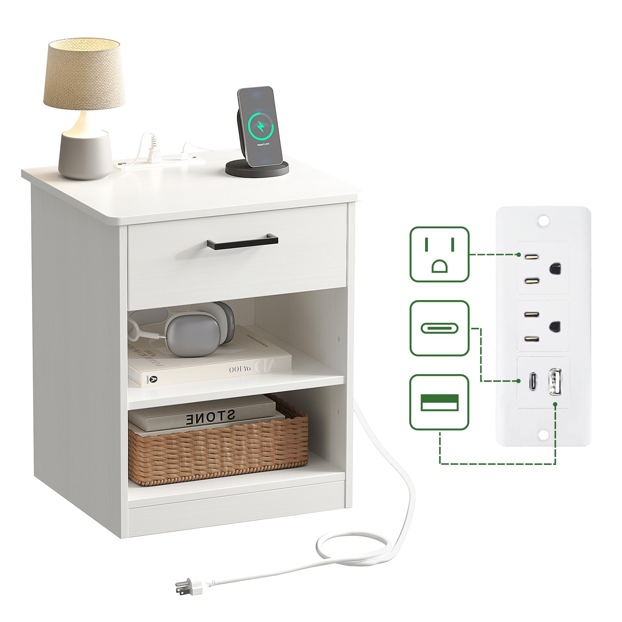 Fast Charging Wooden Side Table with USB C Port - White Nightstand with Drawer & Adjustable Shelf for Bedroom, Living Room, Office - Modern End Table for Phone Charging & Storage (Set of 1)