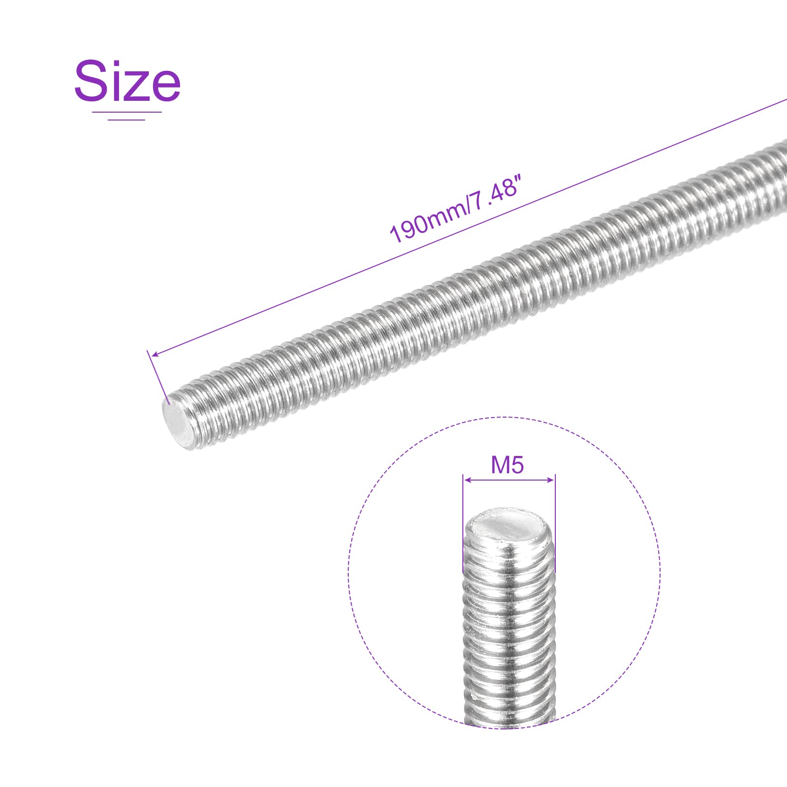 304 Stainless Steel M5 x 190mm Threaded Rods - 5 Pack for DIY & Construction