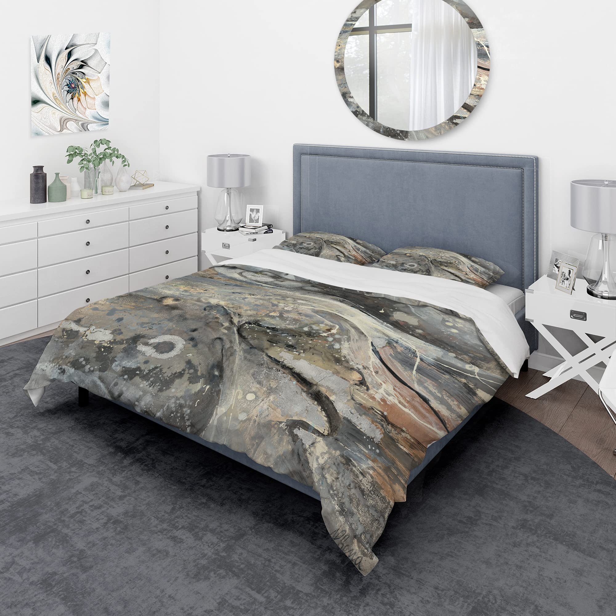 Modern & Contemporary Beige Abstract Duvet Cover Set Queen - 3 Piece All Season Bedding Set | Fire and Ice Minerals VI Design | Perfect for Guest Rooms, Master Bedrooms & Contemporary Home Decor