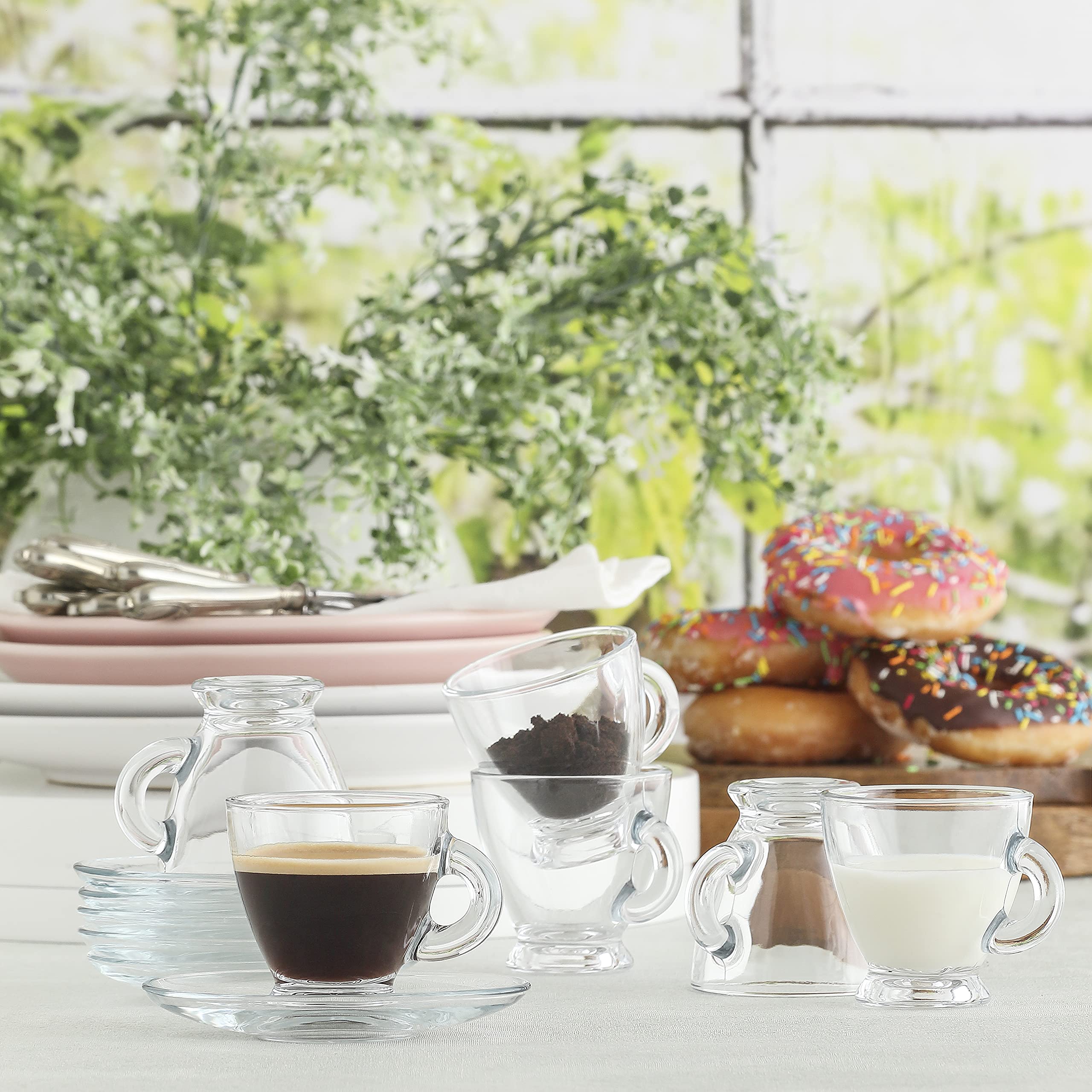Premium LAV Glass Espresso Cups and Saucers Set - 6 Clear 3 oz Coffee Mugs with Handles + 6 Matching Saucers - Perfect for Home, Café & Gifts - Elegant Glassware for Latte, Cappuccino & Tea - Ideal Housewarming Present & Coffee Lover Gift Set