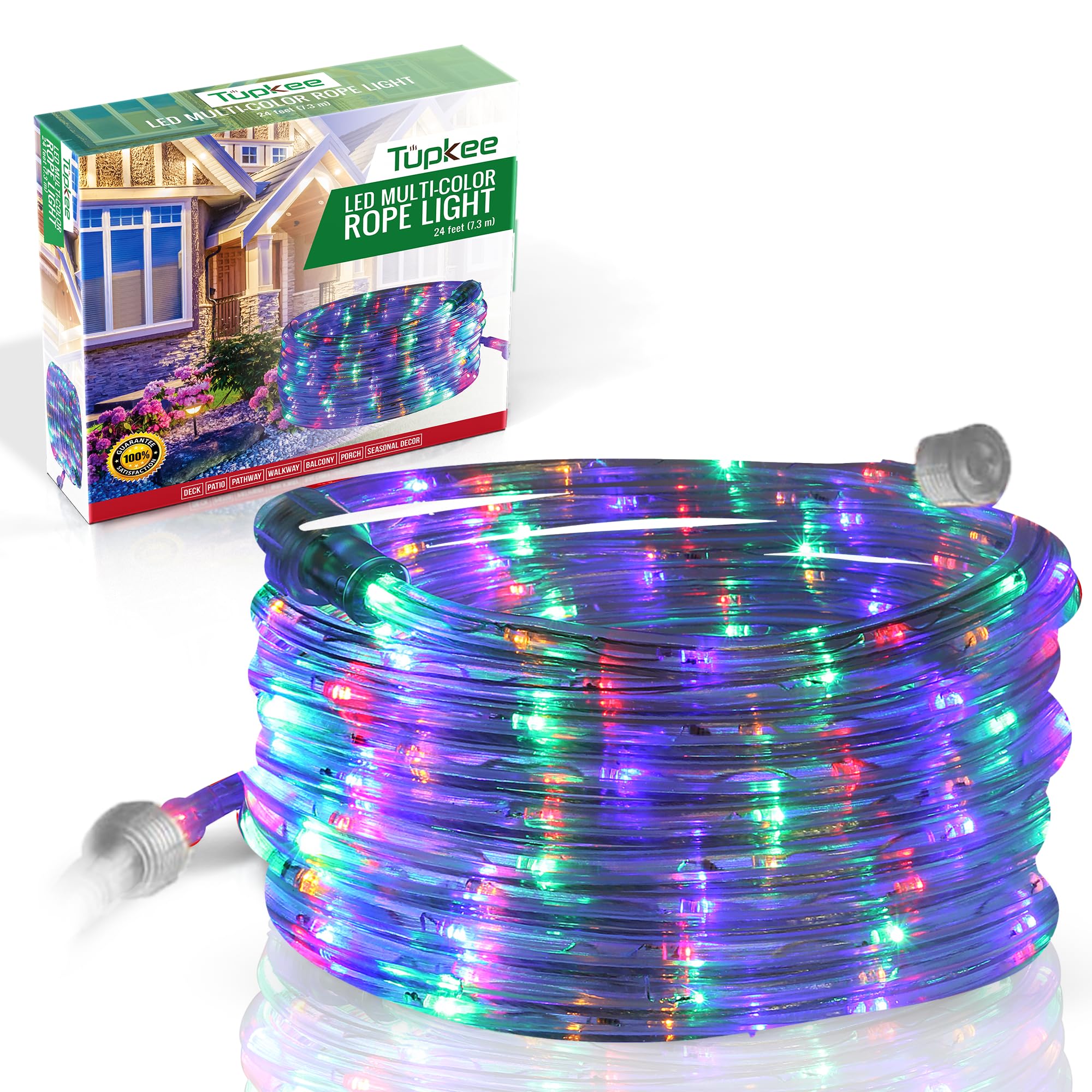Tupkee 24ft (7.3m) LED Rope Light - 10MM Diameter with 144 Multi-Color Long Life Bulbs - Waterproof Indoor/Outdoor Decorative Lighting for Parties, Weddings, Christmas & Home Decor