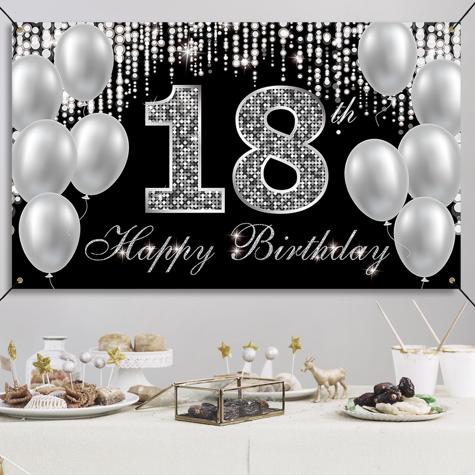 Happy 18th Birthday Banner Backdrop - Black & Silver Fabric Decor for Boys & Girls - Yard Sign & Photo Props for Adult Birthday Parties - Perfect for Indoor & Outdoor Celebrations