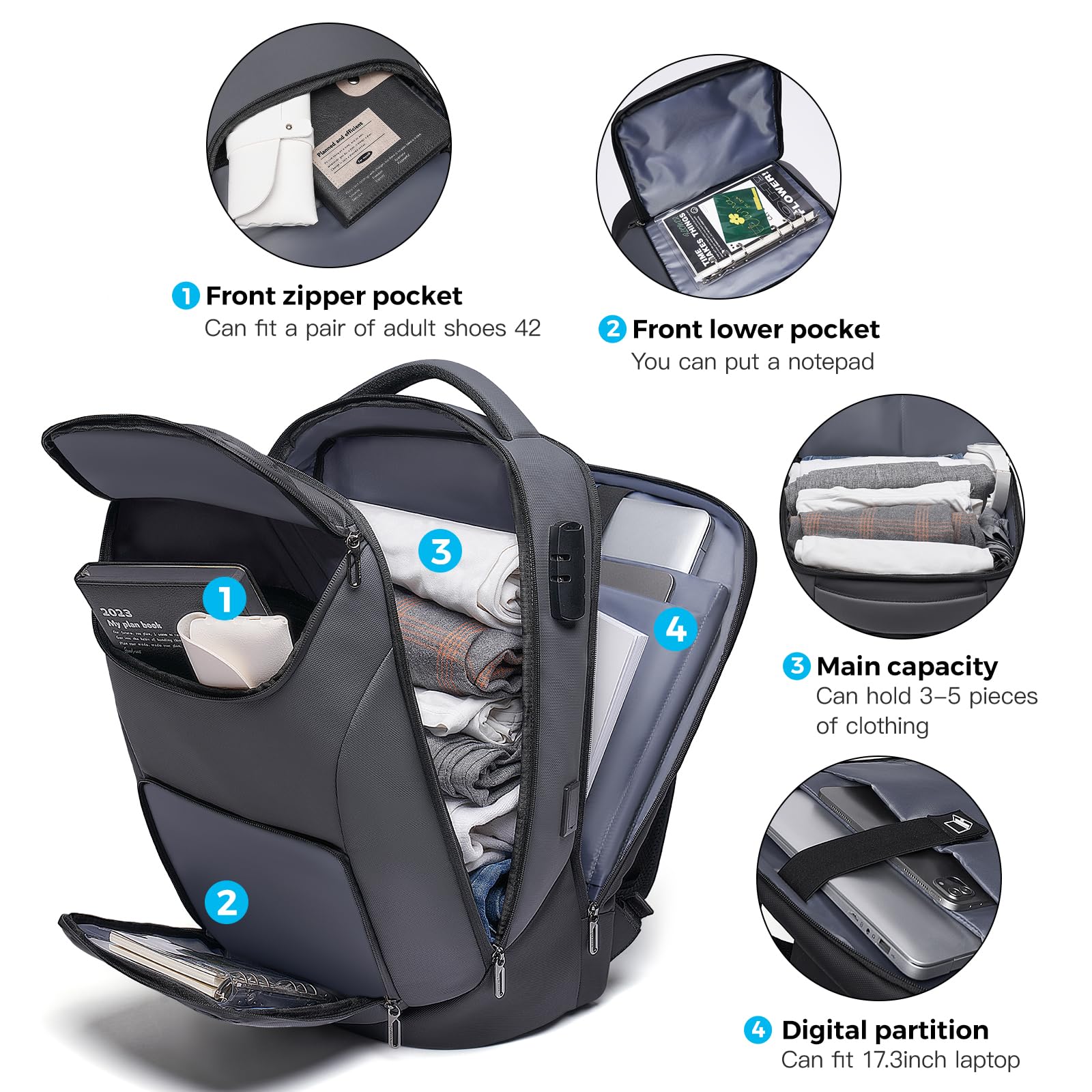 30L Travel Backpack for Men & Women - Waterproof Business Laptop Backpack Fits 17.3 Inch Notebook, Flight Approved Carry On Backpack for Business Travel, Commuting & Outdoor Adventures - Grey