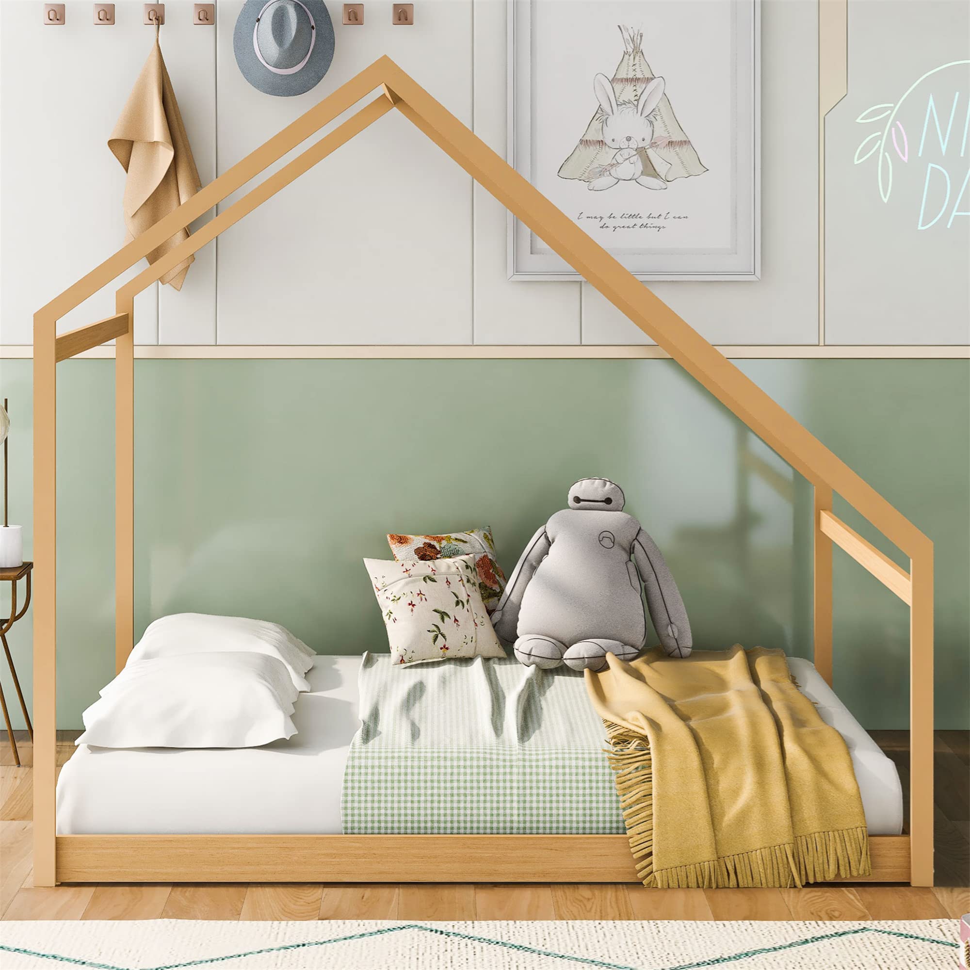 Harper&Bright Full Size Wooden House Bed Frame for Kids - Toddler, Girls & Boys Floor Bed with Box Spring Needed - Natural Finish for Nursery, Bedroom & Playroom Decor