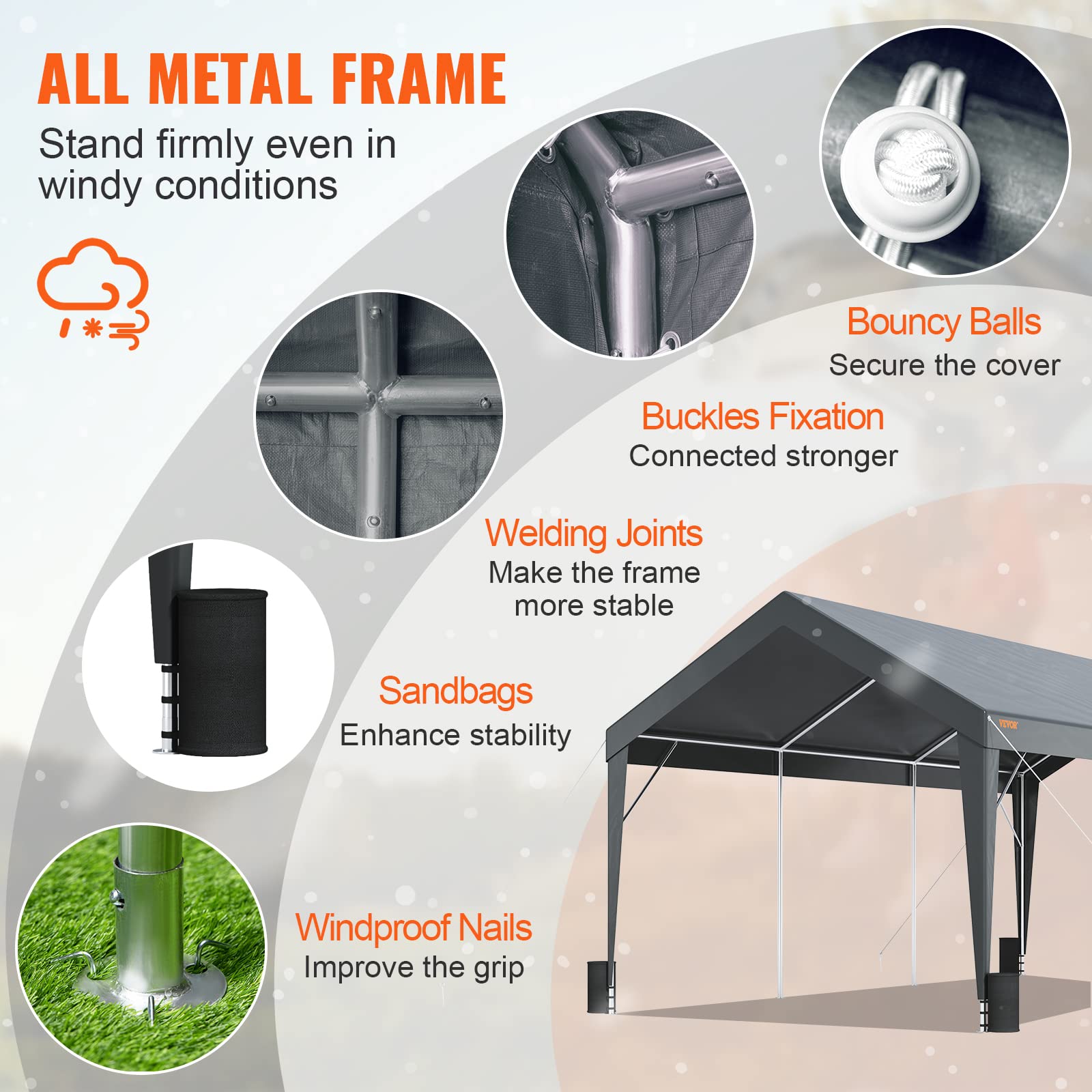 VEVOR 10x20ft Heavy Duty Carport Canopy - UV Resistant Waterproof Shelter for Cars, SUVs, Trucks & Boats | Reinforced Frame with 8 Poles & 4 Weight Bags | Perfect for Outdoor Parking, Parties & Events