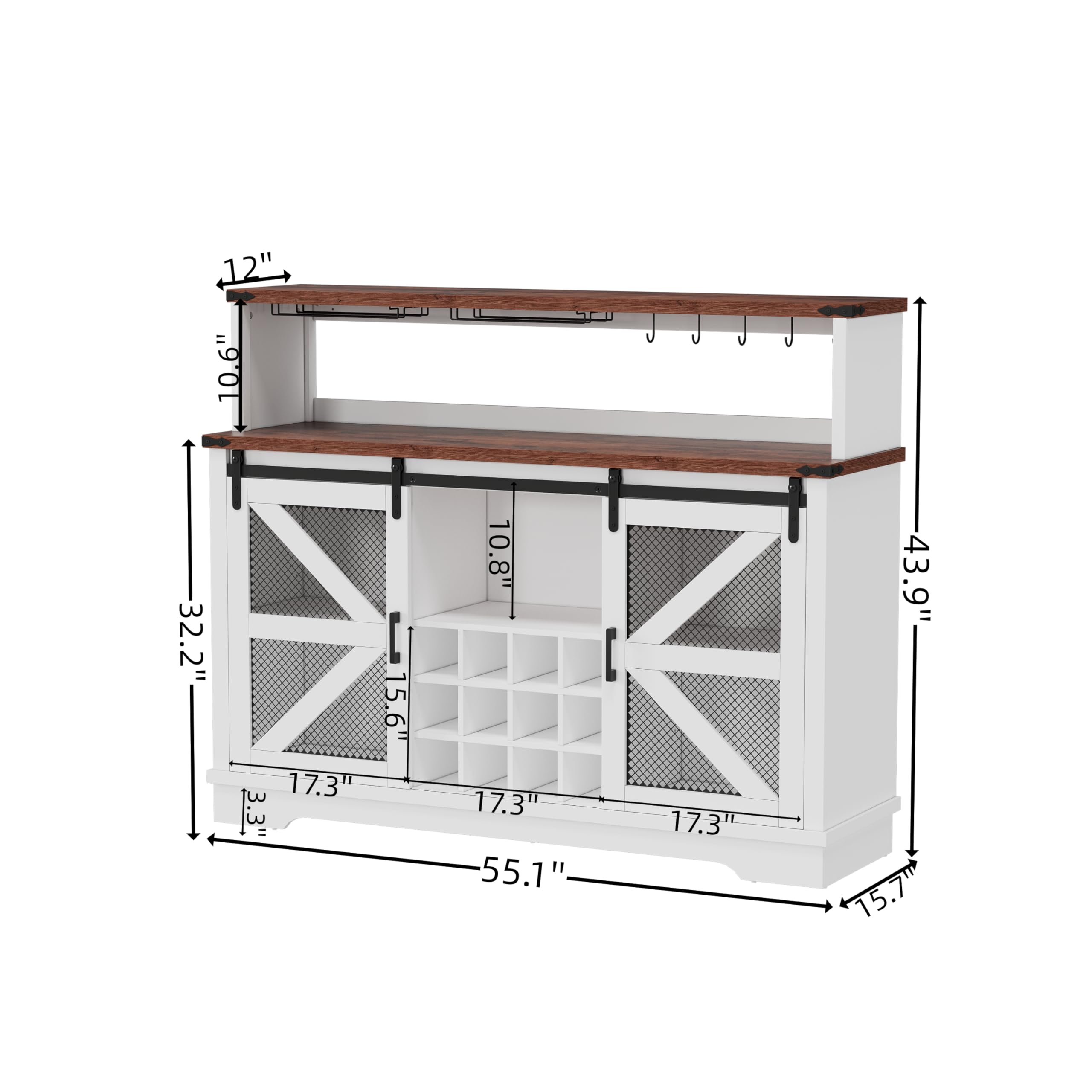 Farmhouse Wine Bar Cabinet with LED Lights - White Liquor & Coffee Bar Cabinet with Sliding Barn Door, Glass Rack & Storage Shelves - Sideboard Buffet Cabinet for Living Room, Dining Room & Home Decor - Perfect for Entertaining Guests & Displaying Glassware