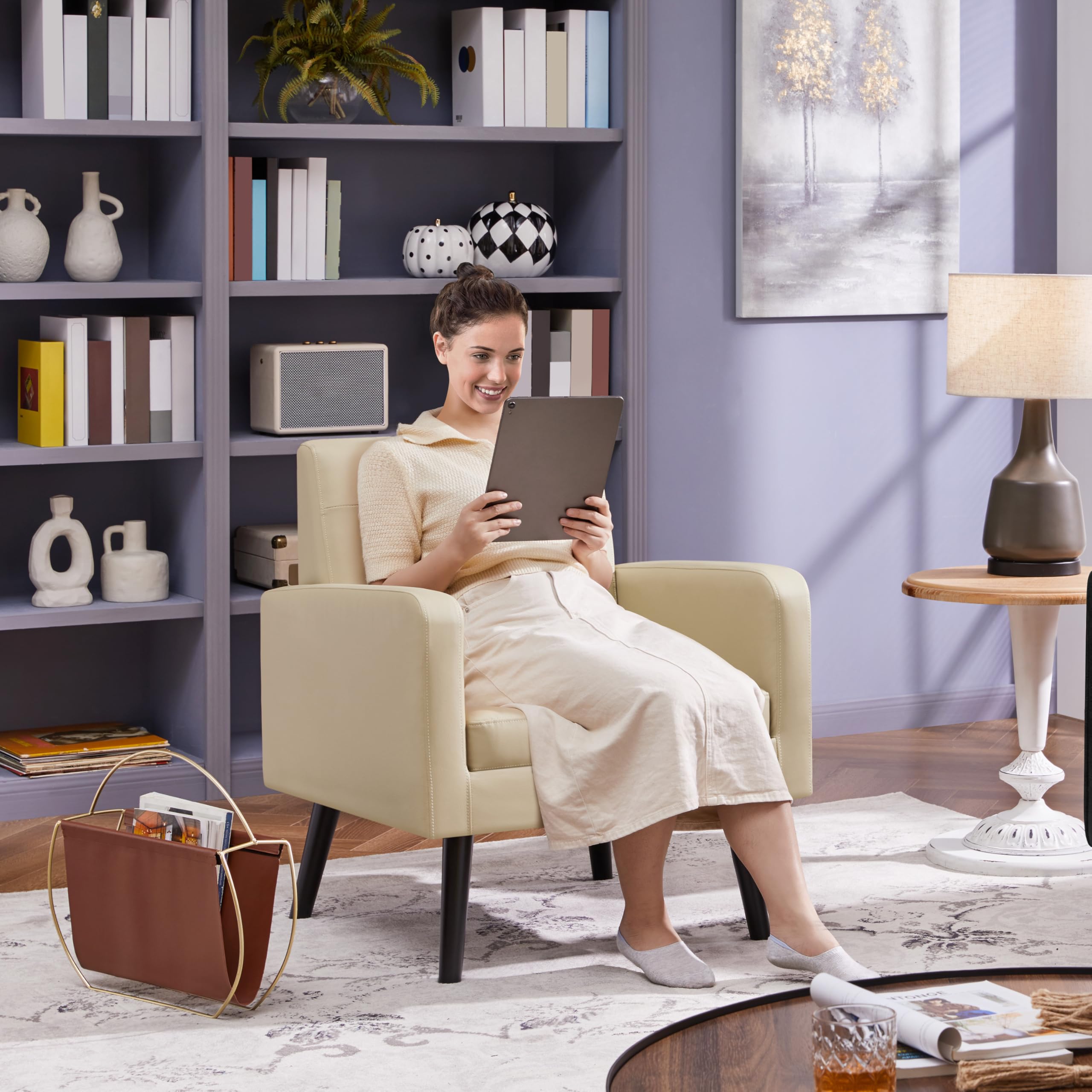 Yaheetech Mid-Century Modern Accent Chair - PU Leather Upholstered Armchair with Button Tufted Back & Wooden Legs for Living Room, Bedroom, Office or Cafe - Beige Home Decor for Relaxing & Stylish Seating