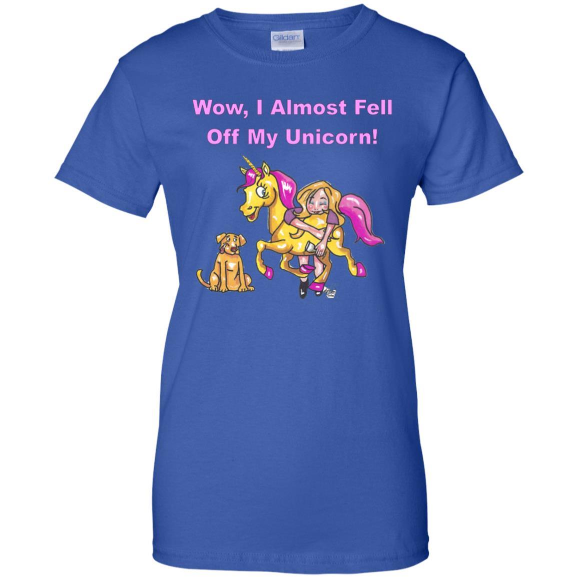 Wow I Almost Fell Off My Unicorn Women's 100% Cotton T-Shirt - Funny Sarcastic Graphic Tee for Casual Wear, Girls Night Out & Unicorn Lovers