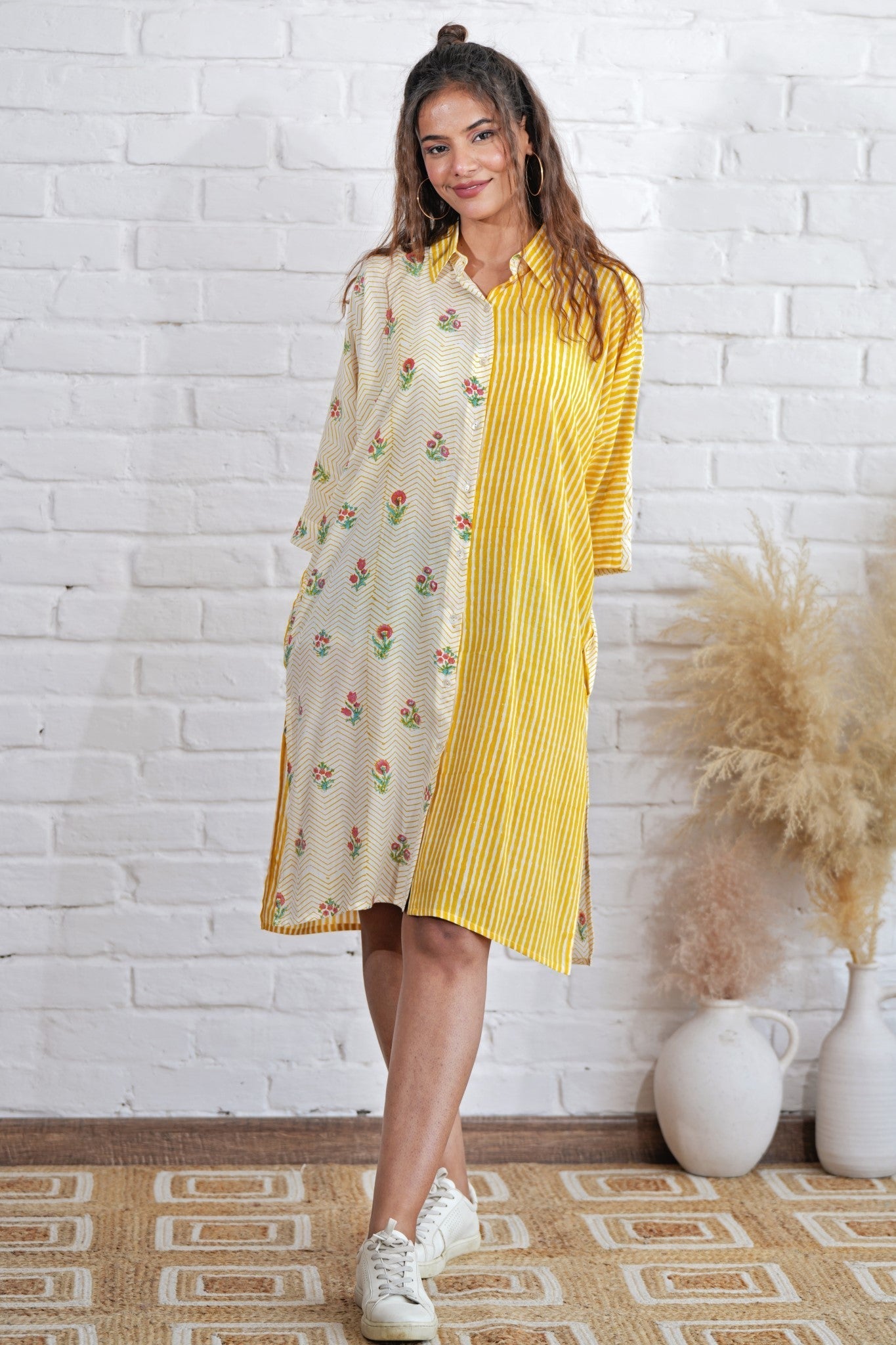 Krissy Yellow Hand Block Printed Oversized Shirt - Women's Boho Loose Fit Top for Casual Wear & Summer Outfits