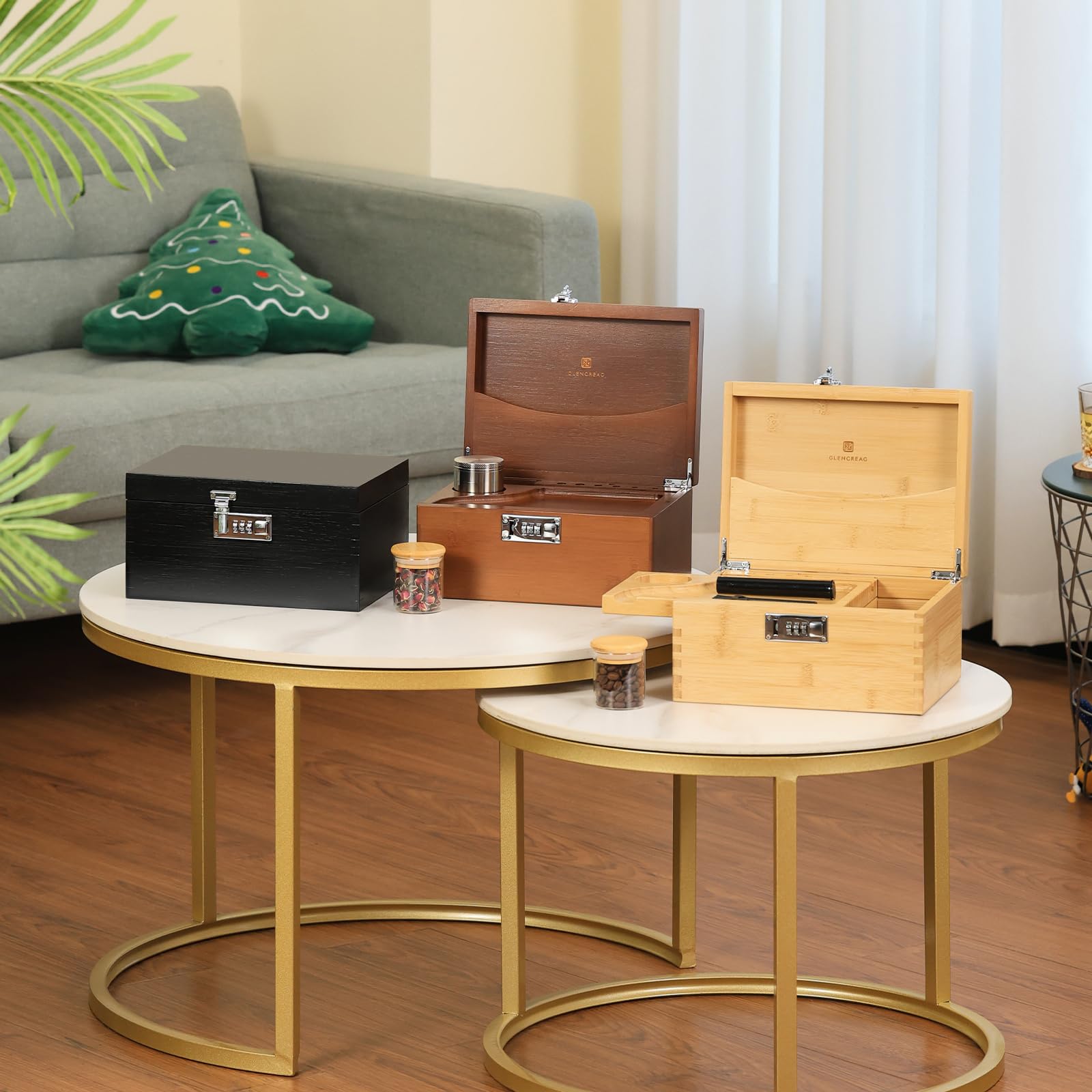 Smell Proof Bamboo Stash Box with Lock - Large Rolling Tray Storage Set Includes Glass Jars & Herb Grinder - Decorative Gift for Men & Women - Perfect for Organizing Smoking Accessories at Home or Travel
