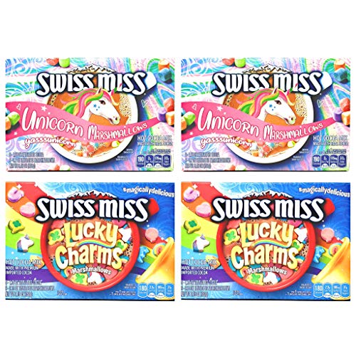 Swiss Miss Hot Cocoa Variety Pack with Unicorn & Lucky Charms Marshmallows - 4 Boxes (2 Each) - 37.32 oz Total - 99.9% Caffeine Free - Perfect for Winter Warmth, Holiday Gifts & Family Movie Nights