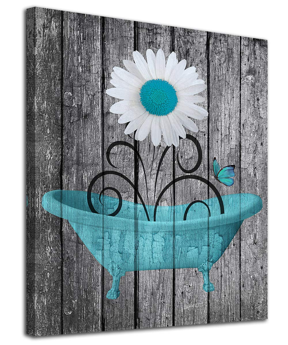 Modern Daisy Canvas Wall Art - Rustic Wood Background Flower Bathroom Decor - 12x16 Inch Framed Ready to Hang Blue Painting for Bedroom, Living Room & Office - Perfect for Spa-Like Bathroom Makeover & Cozy Home Decoration