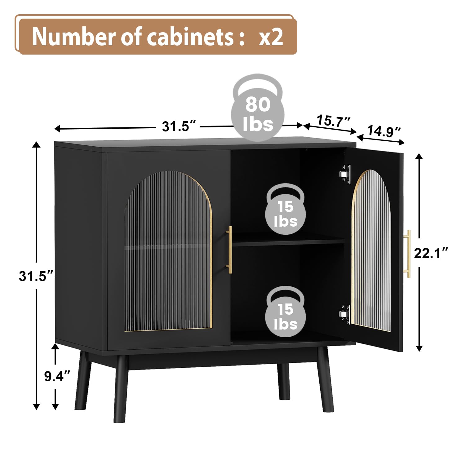 Modern Black Sideboard Buffet Cabinet with Glass Doors & Storage - Kitchen, Dining Room, Living Room Accent Furniture (Set of 2) | Perfect for Home Entryway, Hallway Organization & Stylish Display
