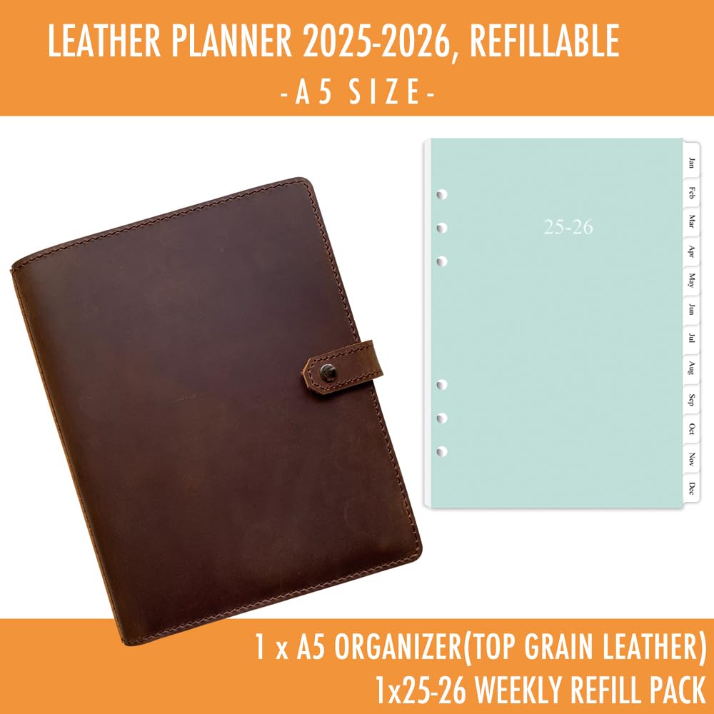 2025-2026 Genuine Leather A5 Planner Refillable - Weekly & Monthly Organizer with Inner Pockets & Pen Holder for Men & Women | Perfect for Office, School & Personal Productivity