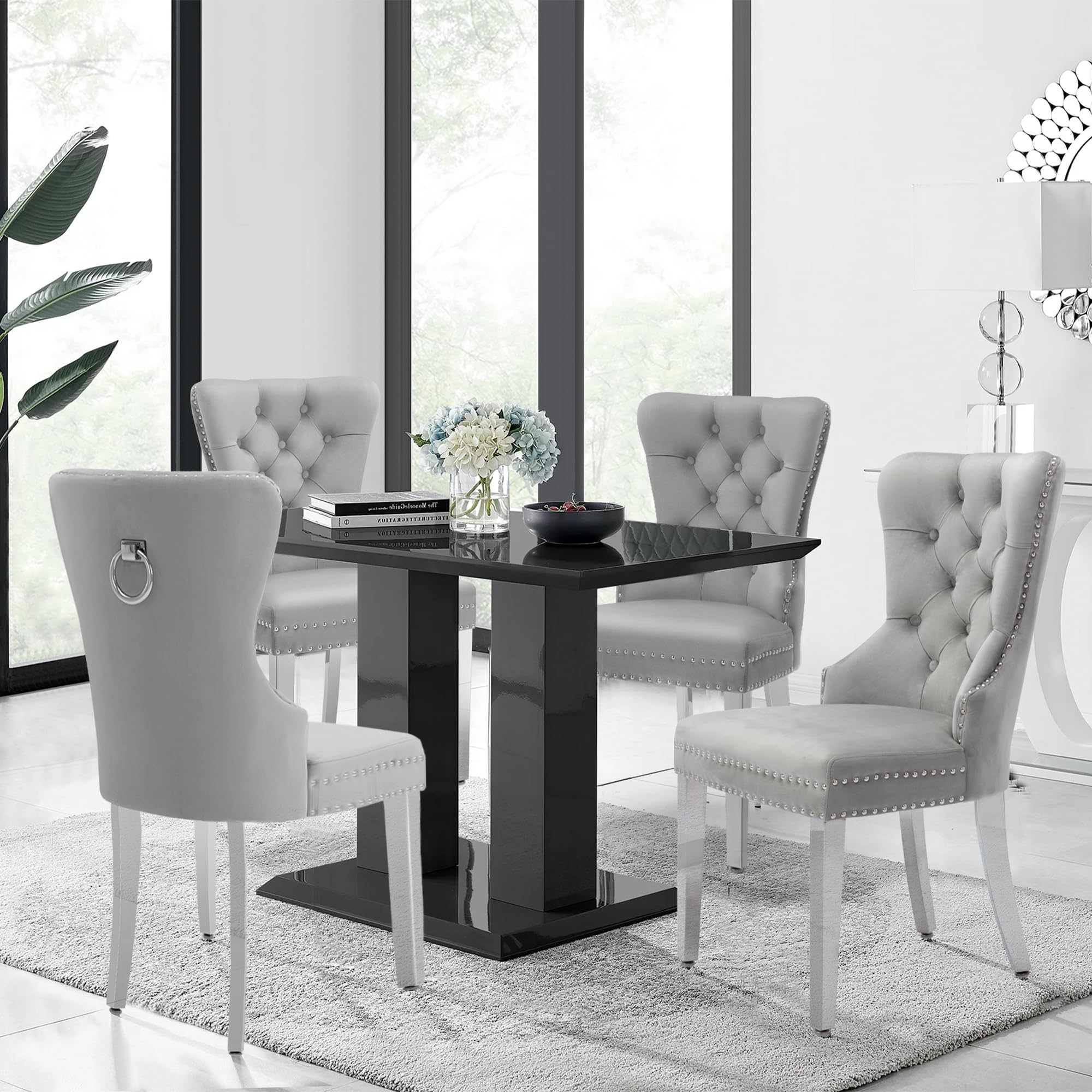 Luxury Velvet Dining Chairs Set of 2 - Tufted Upholstered Modern Dining Room Chairs with Stainless Steel Legs & Ring Pull, Grey - Perfect for Home Dining, Kitchen, Restaurant & Office Decor
