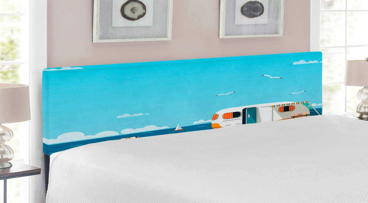 Ambesonne Seaside Upholstered Headboard - King Size Coastal Scenery Print with Memory Foam, Aqua Navy Yellow | Decorative Metal Bed Frame Headboard for Beach House, Guest Room & Master Bedroom