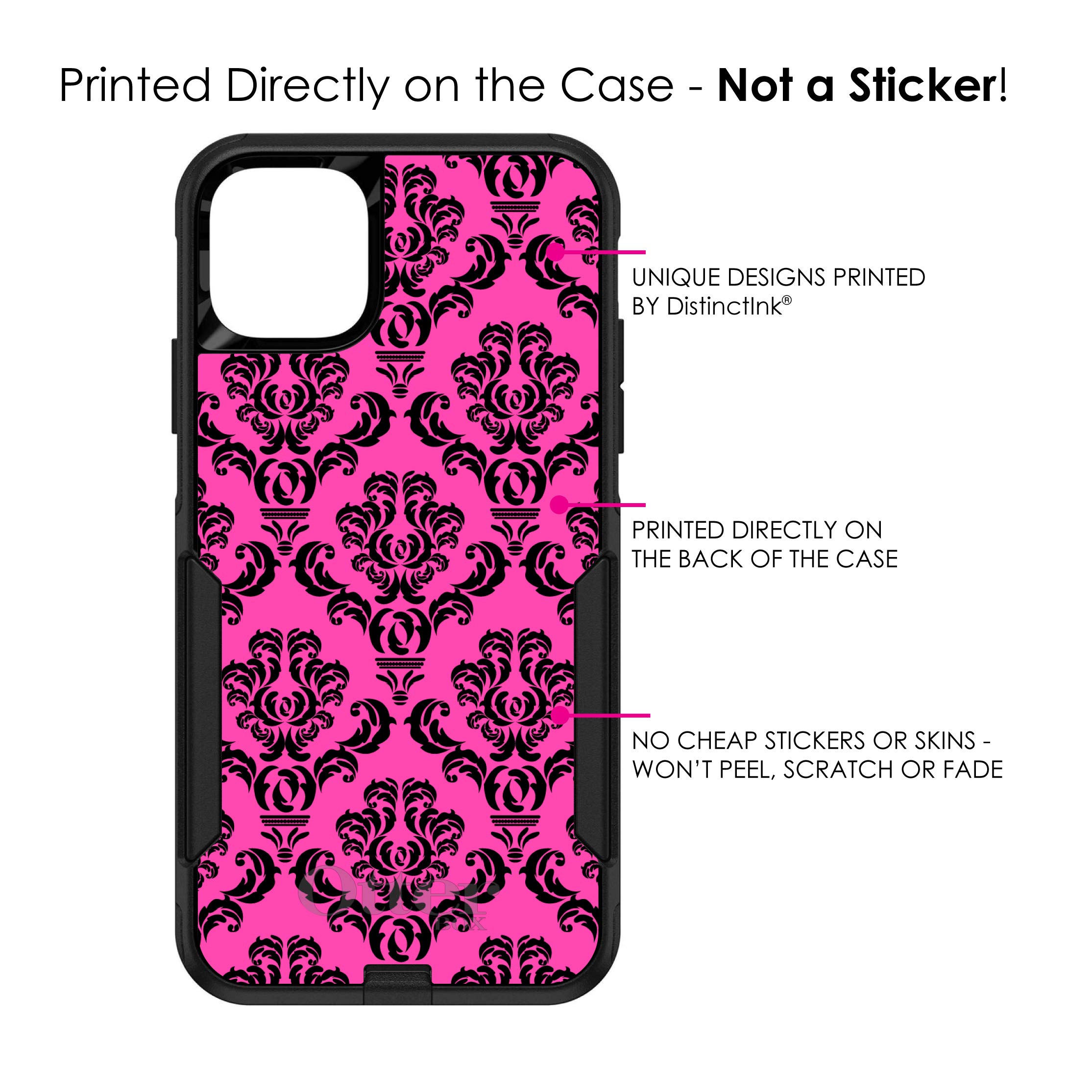 DistinctInk iPhone 11 Pro MAX Case (6.5 Inch) - Premium Pink Black Damask Floral Design Protective Cover - OtterBox Commuter Replacement - Perfect for Work, Travel & Everyday Use