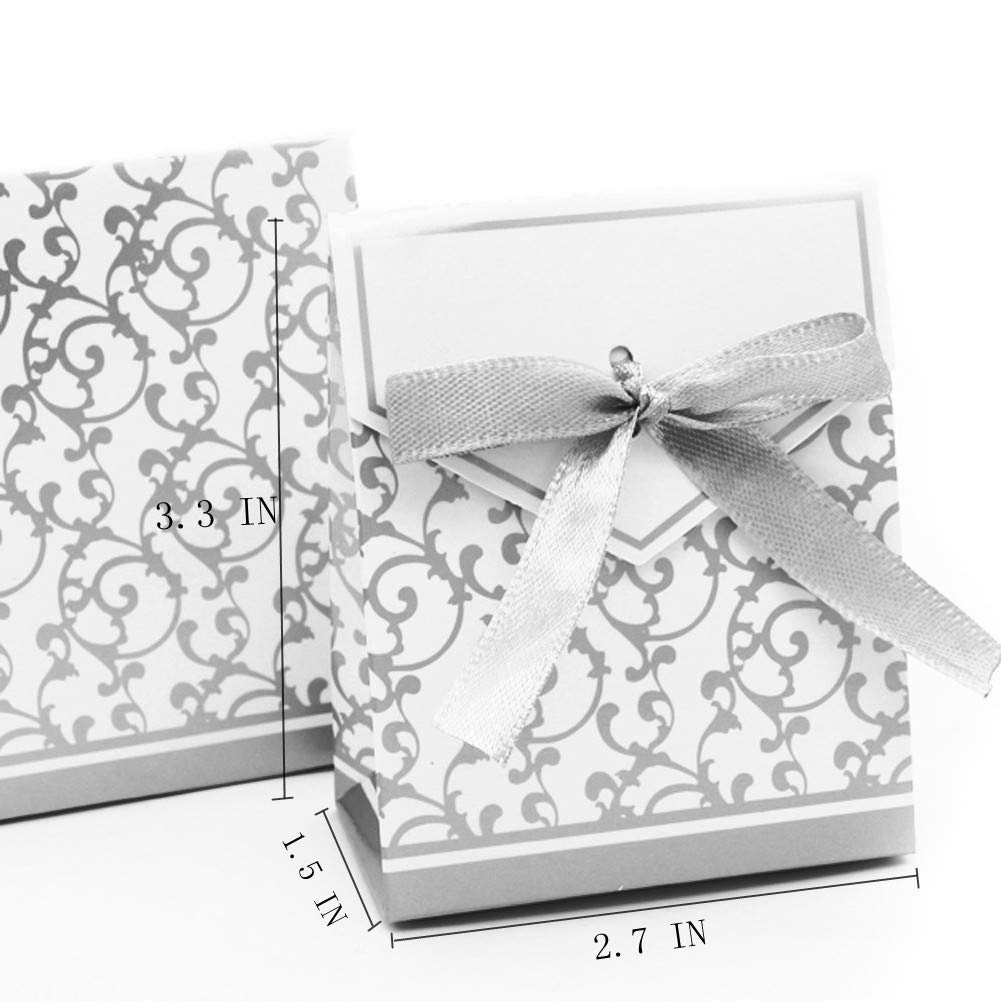 KUPOO 50PCS Silver Wedding Favor Boxes - Elegant Candy Gift Boxes with Ribbon for Wedding Party, Birthday, Baby Shower & Easter Decorations - Perfect for Candy, Cake, Chocolates and Party Favors