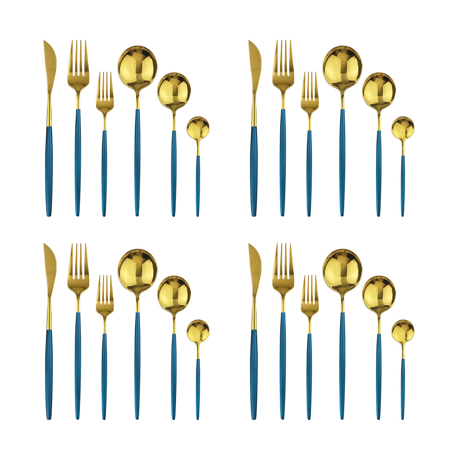 24-Piece Gold Mirror Silverware Set with Blue Handles - 18/0 Stainless Steel Flatware Cutlery (Knives, Forks, Spoons & Teaspoons) - Service for 4 - Elegant Dinnerware for Holiday Entertaining & Formal Dining