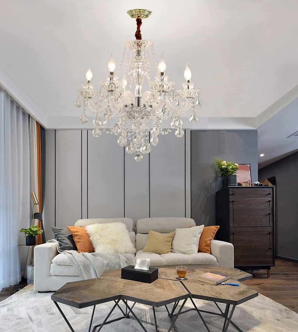 Luxury 6-Light Crystal Chandelier with Clear K9 Crystals - E12 Bulb Ceiling Light Fixture for Dining Room, Living Room & Bedroom Decor | Elegant Home Lighting for Weddings, Parties & Interior Design