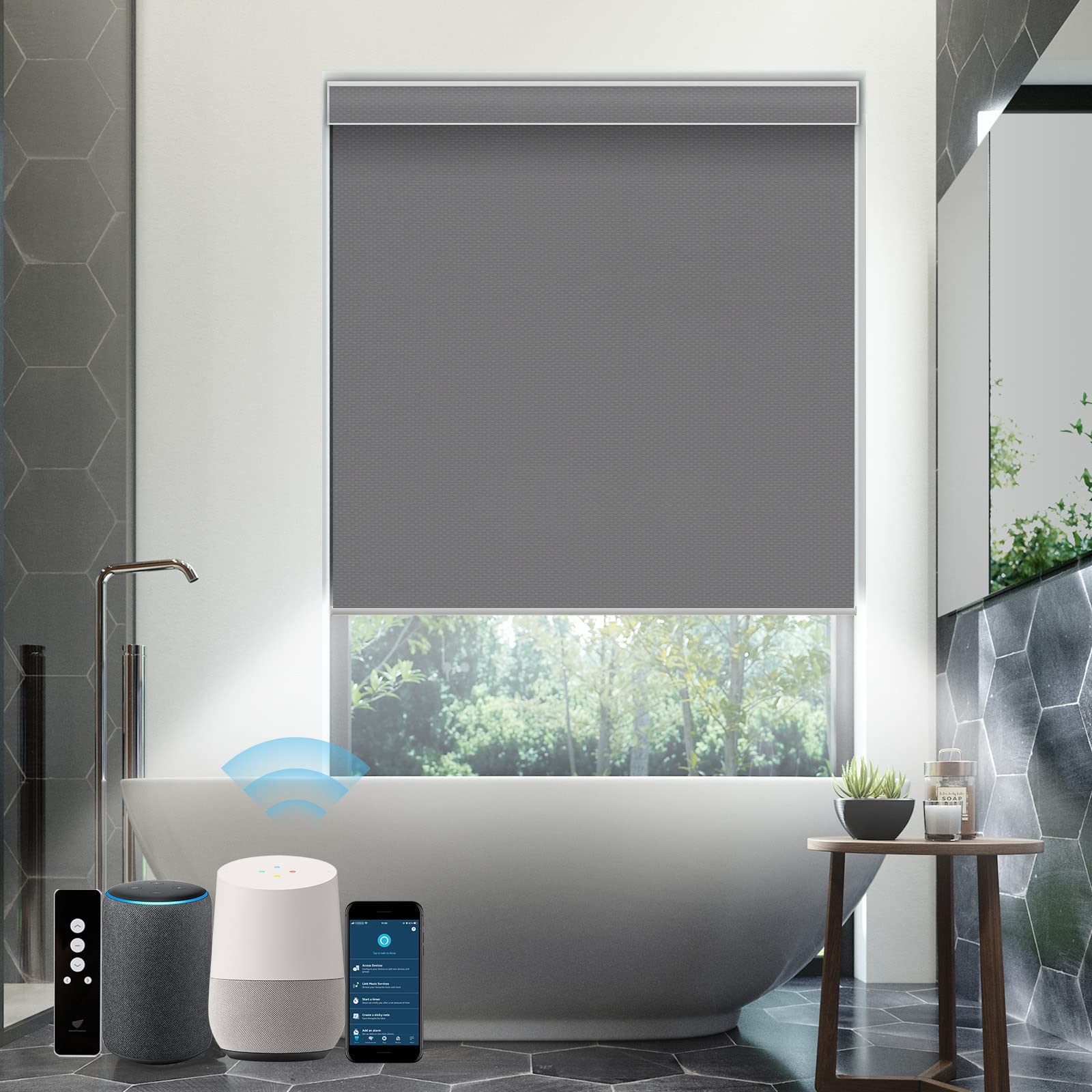 SmartWays Motorized Roller Shades - Alexa, SmartThings & Google Assistant Compatible Smart Blinds | 100% Blackout, Waterproof, Cordless Vinyl Shades with Remote Control | Custom Size Window Coverings for Home Office & Bedroom (Medium Grey) | Perfect for Light Control & Privacy in Living Spaces