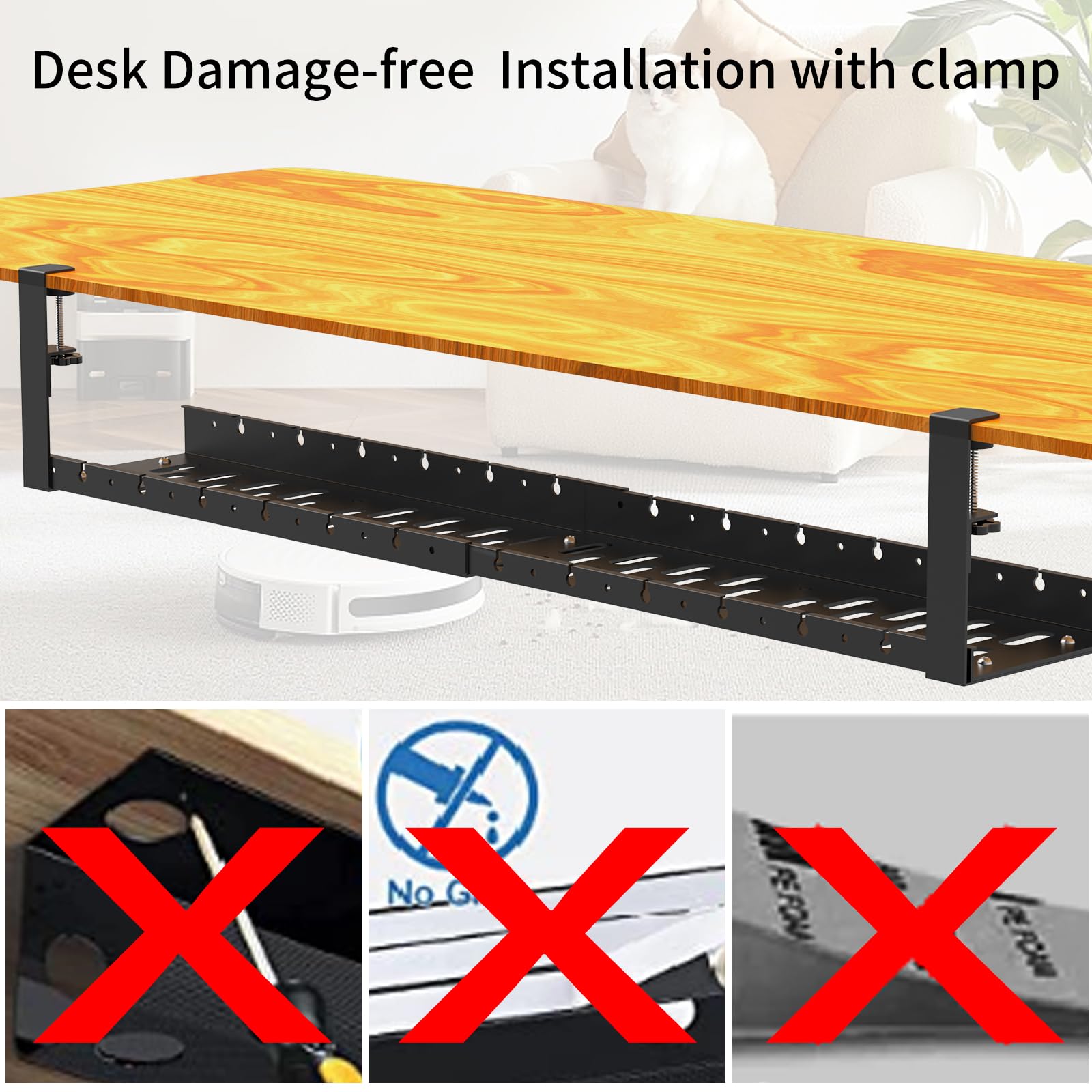 31 Inch Adjustable Under Desk Cable Management Tray - Metal Wire Organizer with Clamp for Power Strips & Cords | Perfect for Home Office, Gaming Setup & Workspace Organization