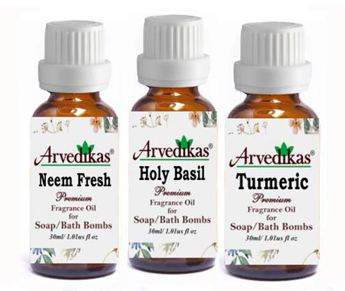 Arvedikas Premium Fragrance Oil Set - Neem Fresh, Holy Basil, Turmeric Essential Oils | 30ml Each Bottle for Soap Making, Bath Bombs, Candle & Diffuser | Natural Herbal Scents for Aromatherapy, Home Fragrance & DIY Beauty Products | Perfect for Relaxation, Spa & Gift Giving