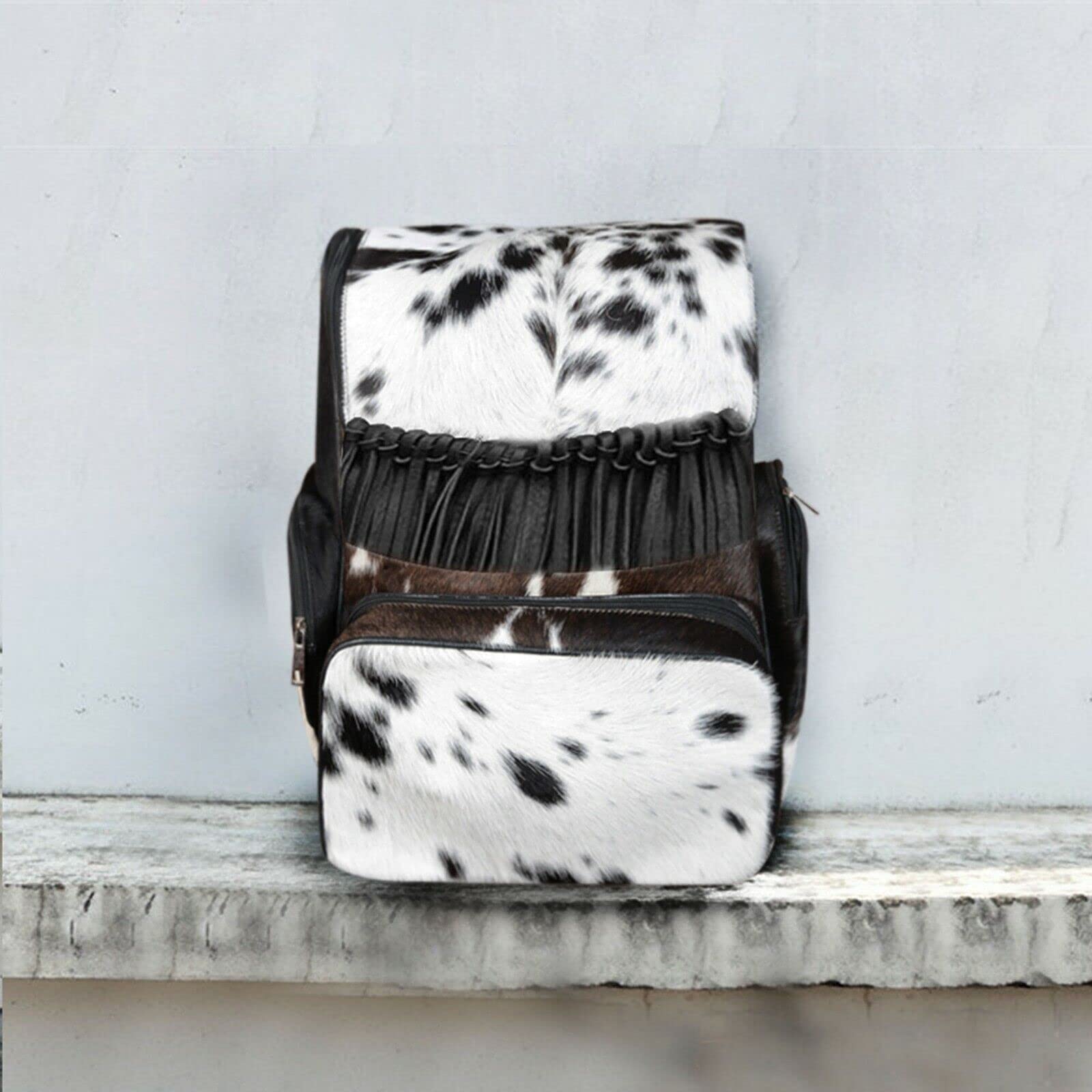 Fashionable Cowhide Western Leather Diaper Backpack with Fringe - Stylish Baby Bag for Moms, Dads & Travel | Perfect for Daycare, Outings & Parenting Essentials