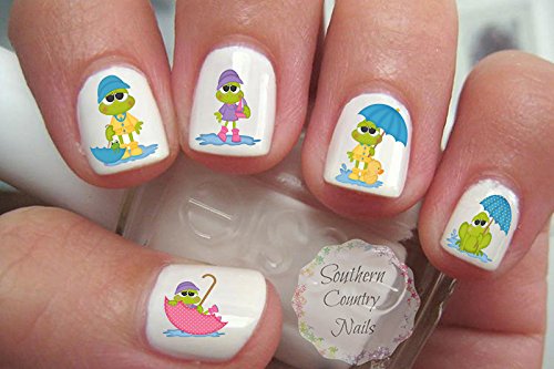 April Shower Frogs Nail Art Decals - Cute Frog Waterproof Nail Stickers for Spring & Summer Manicures - Perfect for Nail Salon, DIY Home Nail Art, and Party Designs