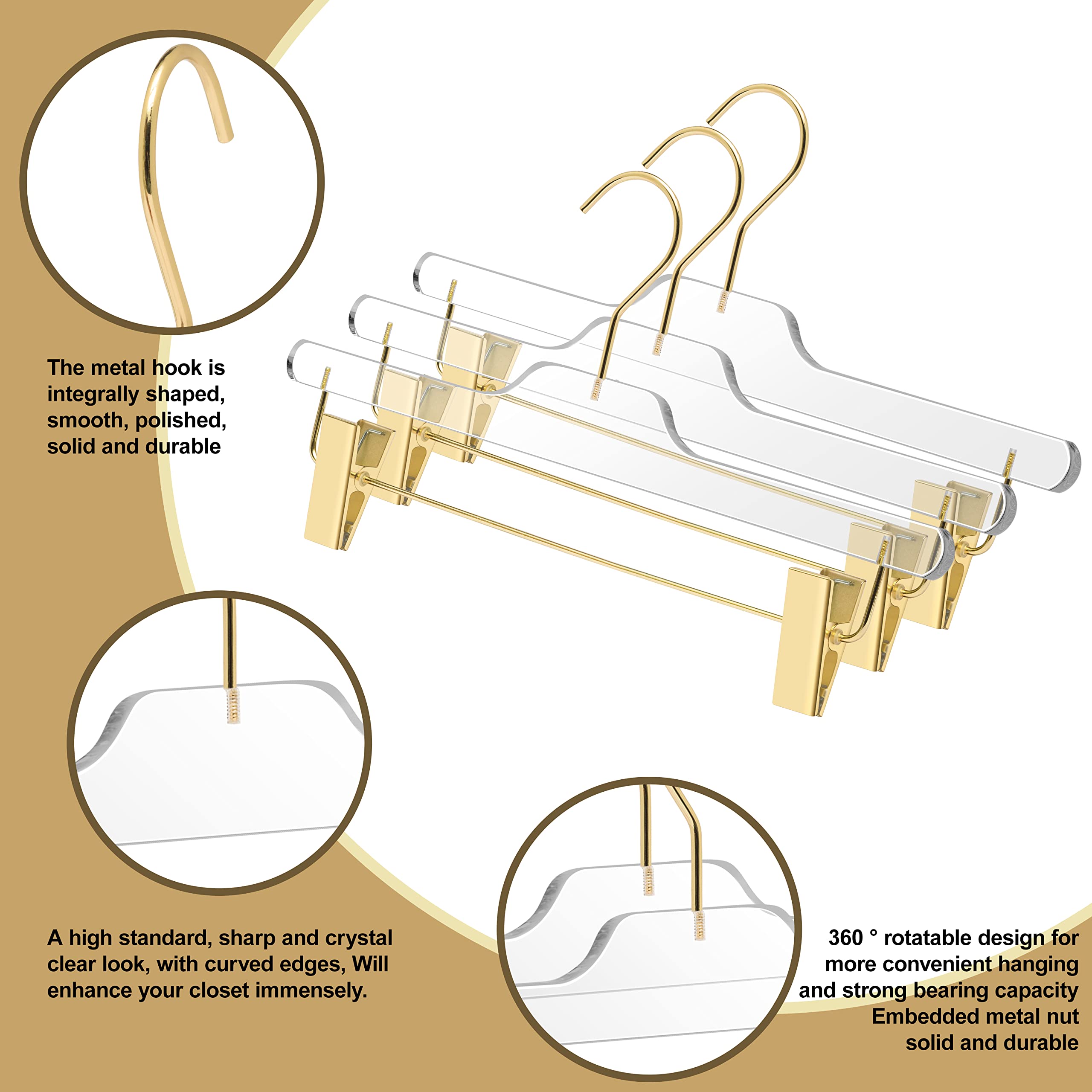 90-Pack Clear Acrylic Skirt & Pants Hangers with Adjustable Gold Metal Clips - Premium Lucite Trousers Hangers with Swivel Hook for Closet Organization - Perfect for Dresses, Skirts, Pants & Bottom Wear Storage