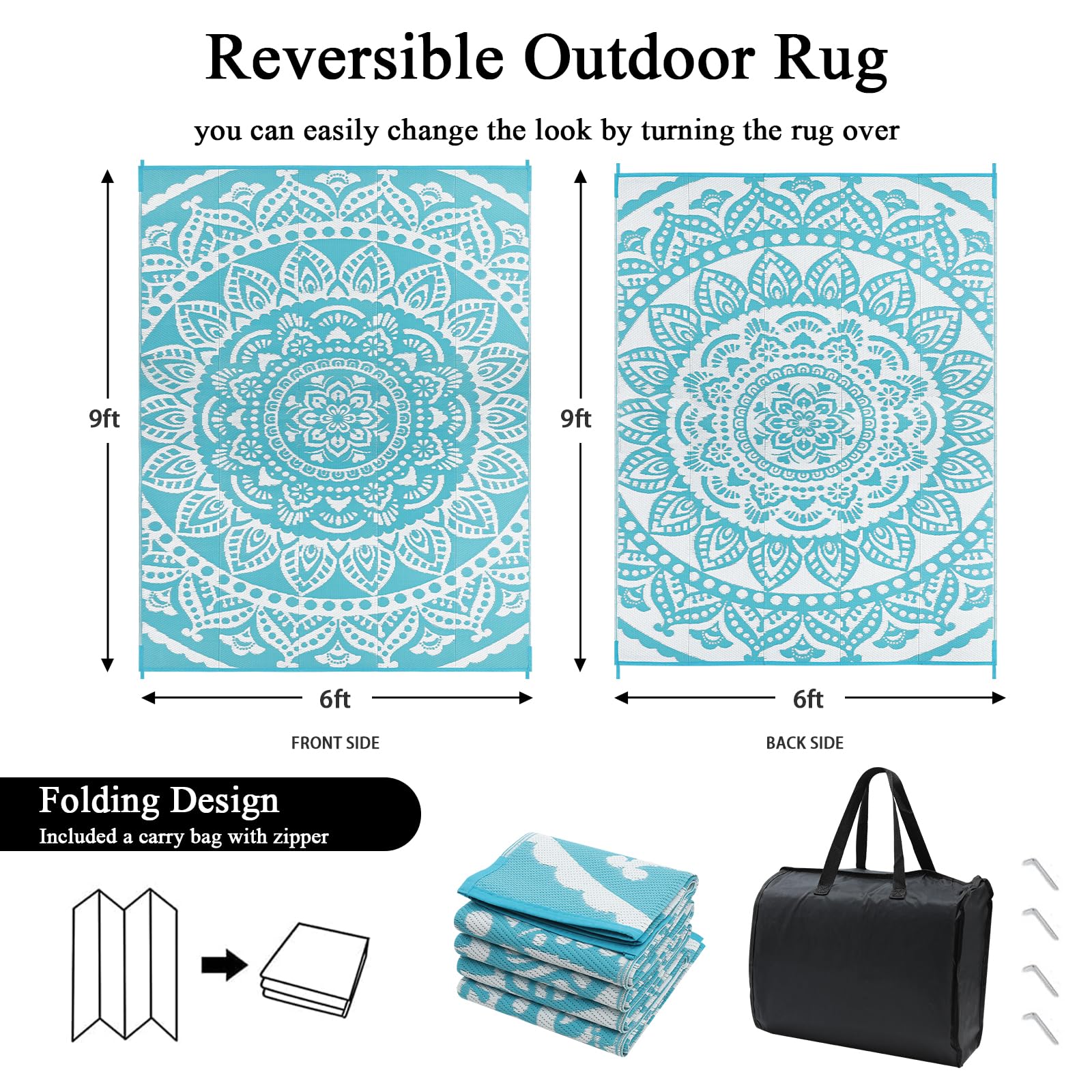 Bsmathom 6x9 Outdoor Plastic Straw Rug - Large Waterproof Reversible Mat for Patio, Camping, RV, Picnic, Beach, Backyard & Pool Deck - Durable & Portable Teal Rug for Outdoor Decor & Summer Gatherings