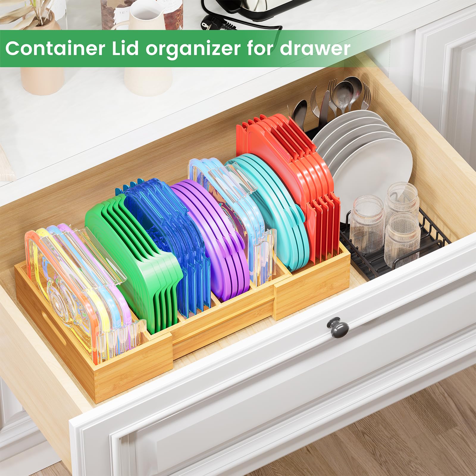 Expandable Bamboo Drawer Organizer for Kitchen Cabinets - Adjustable Lid Storage with 3 Dividers - Plastic Food Container & Tupperware Lid Holder - Perfect for Pantry Organization & Space Saving