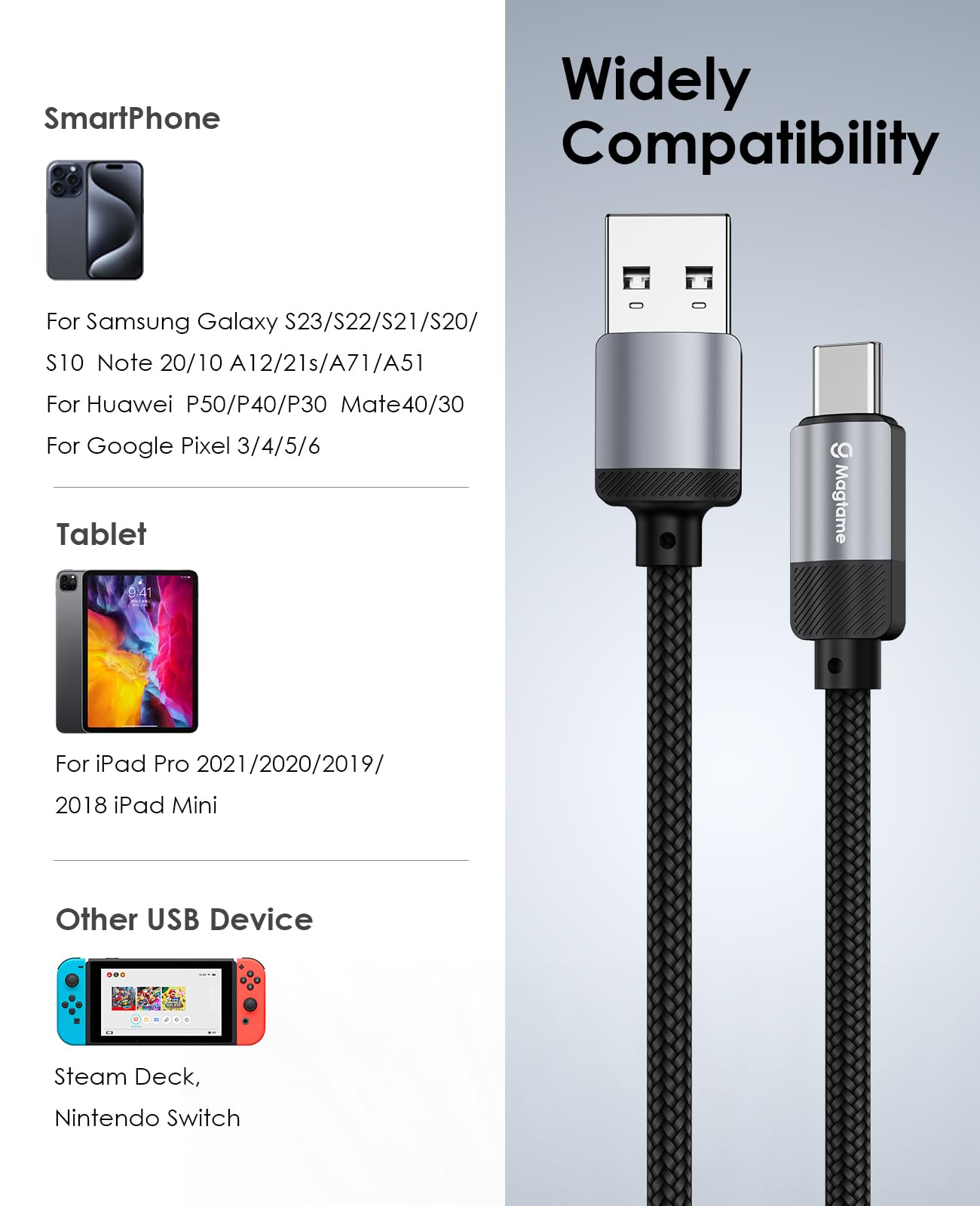 Magnetic USB C Cable Fast Charging for iPhone 15/Samsung/iPad - Black
